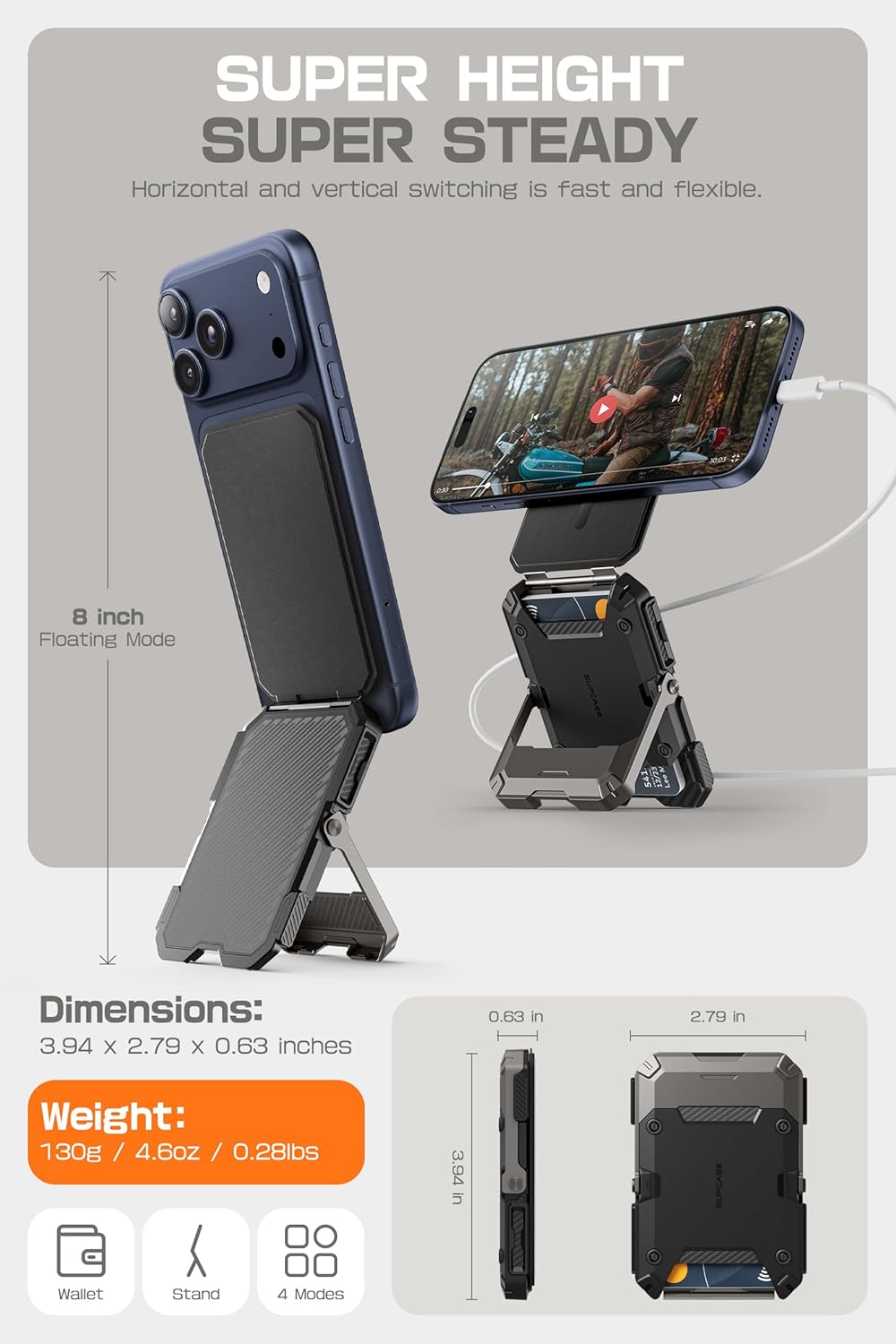 SUPCASE for MagSafe Wallet with Stand, Magnetic Wallet for Men, [Hold 5 Cards] [Adjustable Stand] [RFID Blocking] Phone Credit Card Holder Tripod for iPhone 17/16/15/14/13/12 Series, Black