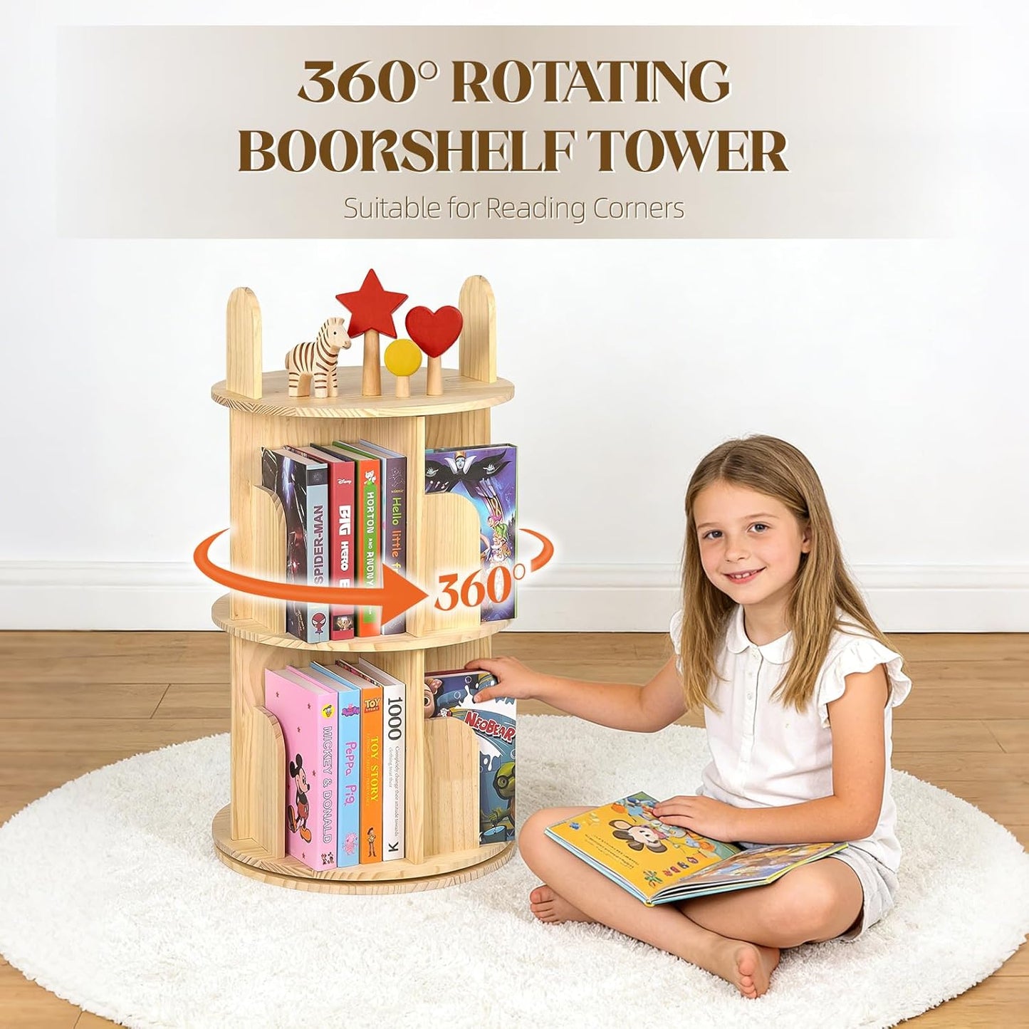 Kryonix Rotating Bookshelf for Kids, Solid Pine Wood Spinning Bookshelf Tower 2 Tier, 360° Revolving Bookcase, Multi-Functiona Corner Round Turning Book Shelf Organizer for Small Spaces
