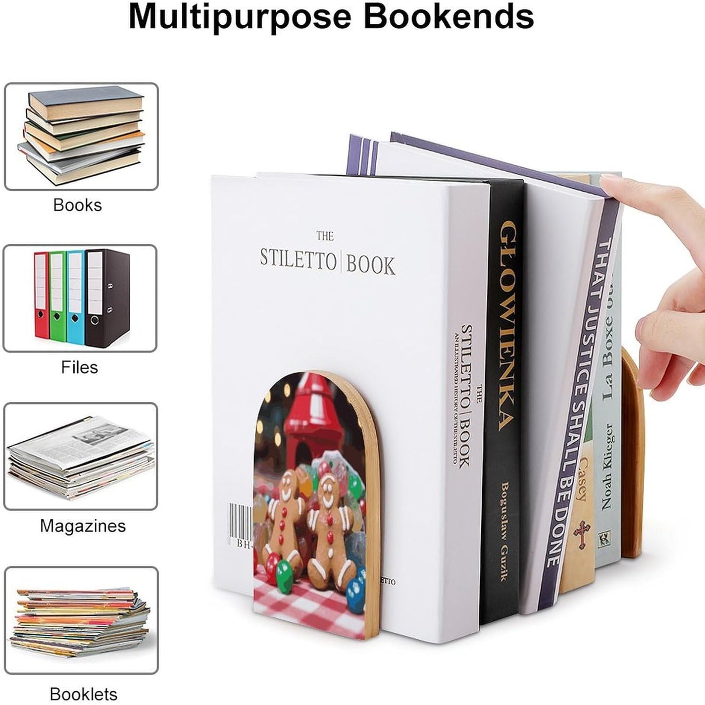 Gingerbread Man Candy Bookends 1 Pair Heavy Duty Book Ends for Shelves Non-Skid Bookend Supports Wooden Book Holders with Metal Base Desk Organizers Books Storage to Hold Books