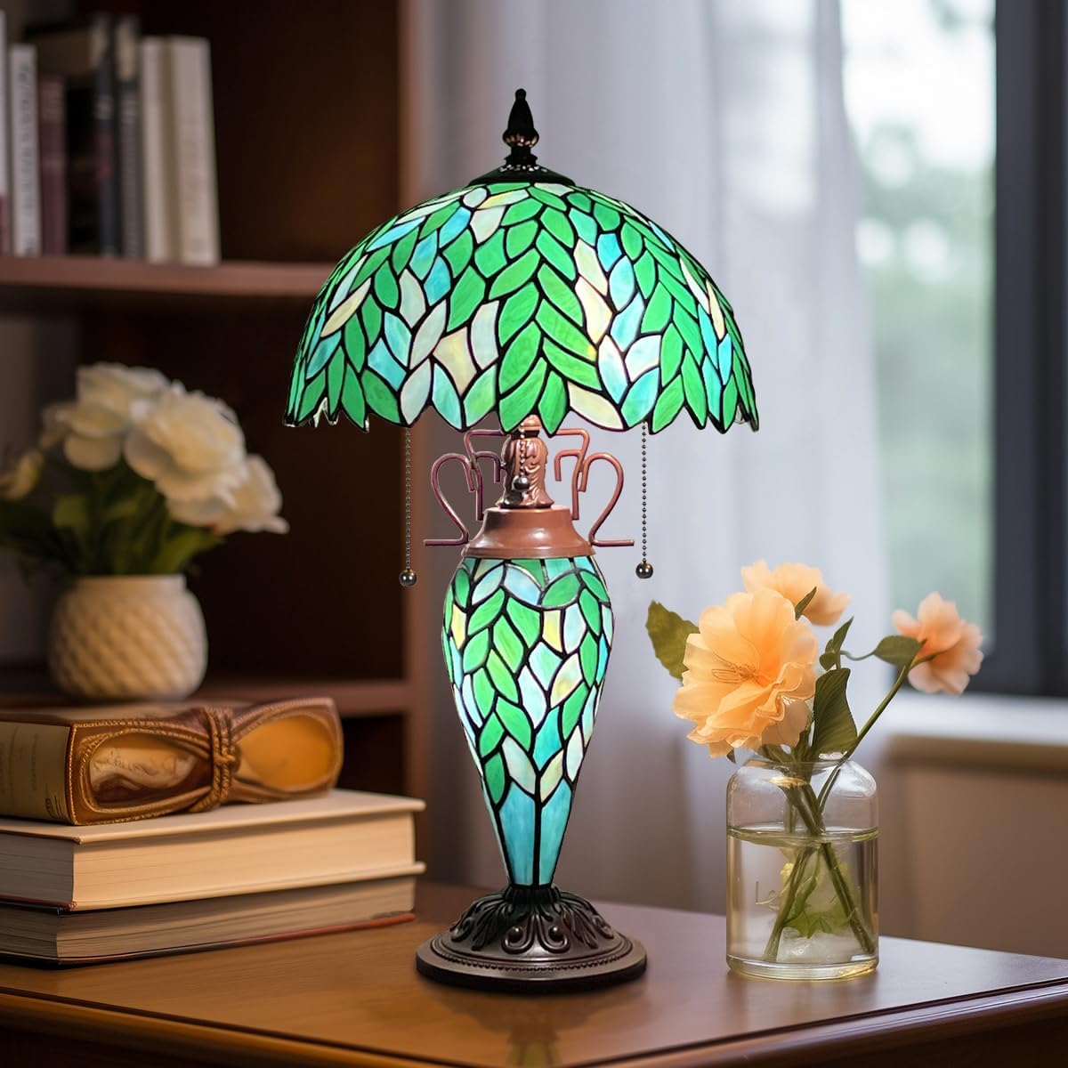 Tiffany Table lamp with nightlight, Green Wisteria Stained Glass Desk Light - Antique 3-Lights Medium Nightstand Bedside Reading Light for Living Room Bedroom Office