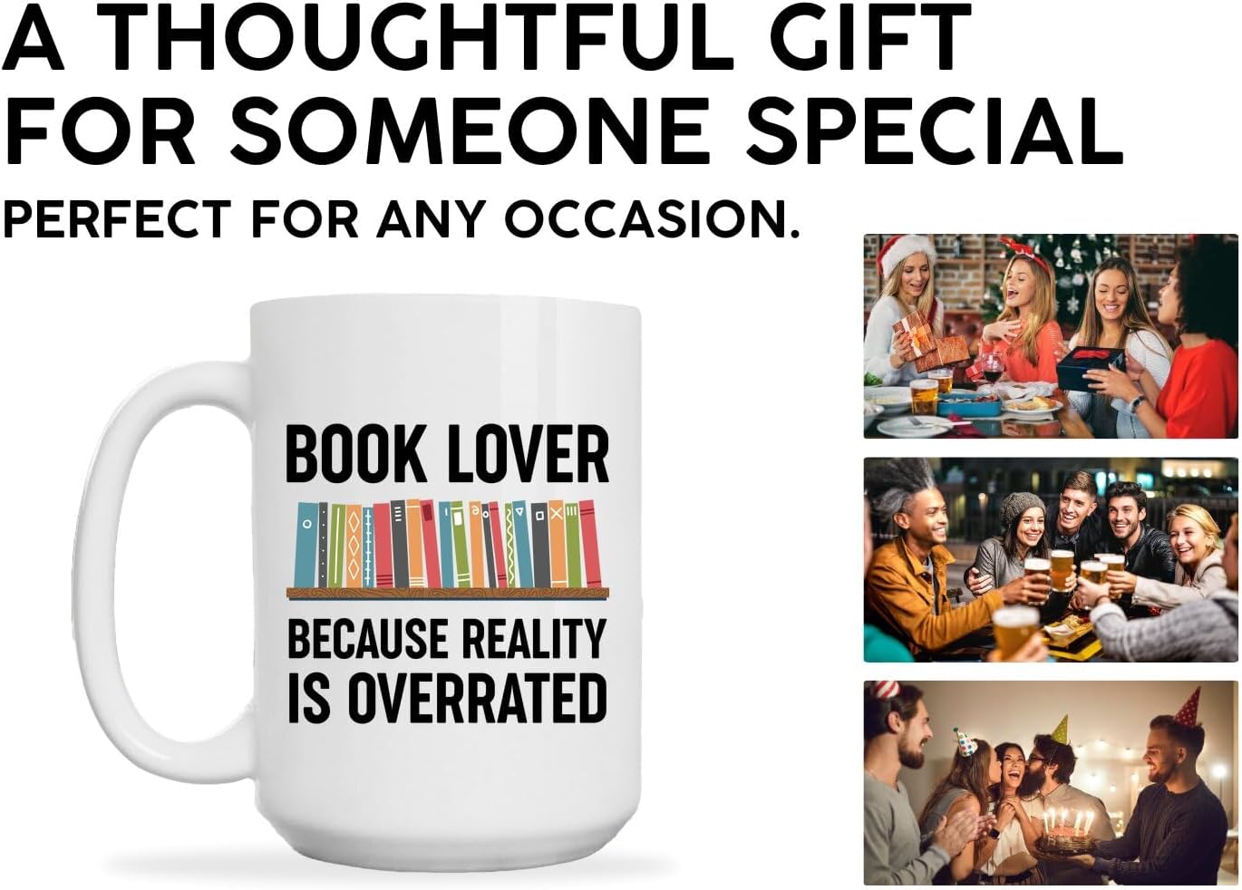 Book Lovers Coffee Mug 15oz White -Reality overrated - Book Reader Bookworm Addict Bookish Librarian Nerd Gifts Decor for Men Women