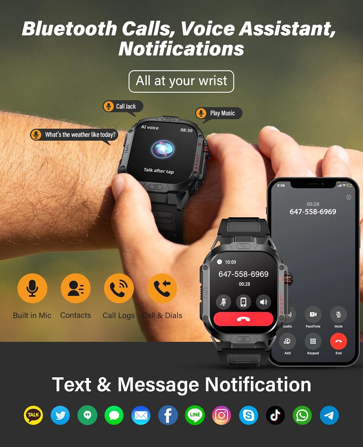 SOUYIE Military Smart Watch for Men Answer/Make Call, 2.02" Outdoor Sport Smartwatch with Flashlight, Heart Rate Blood oxygen Blood Pressure Sleep, 100+ Sport Modes Fitness Tracker for Android and iOS