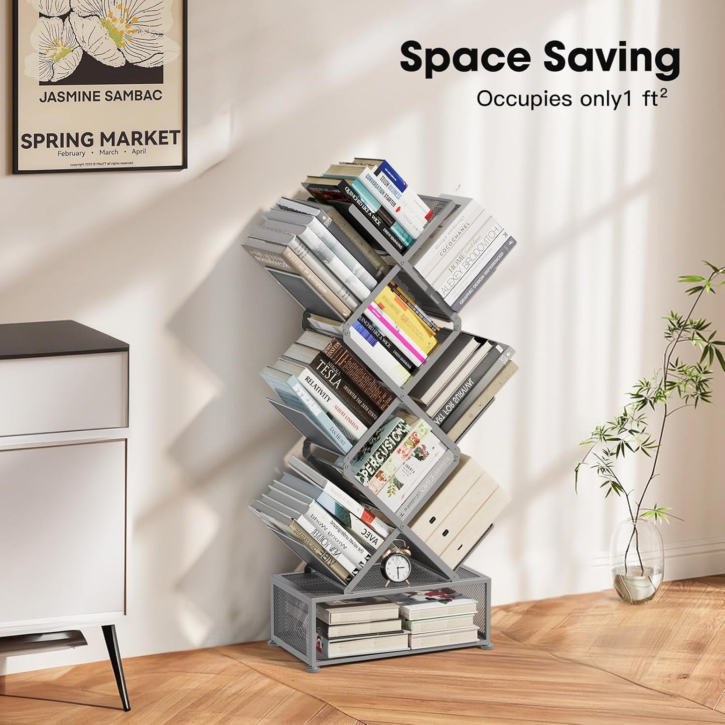 Metal 6 Tier Bookshelf, No Assembly Needed Foldable Bookcase with Storage Cabinet, Industrial Standing Shelf for Home Office Living Room, Gray