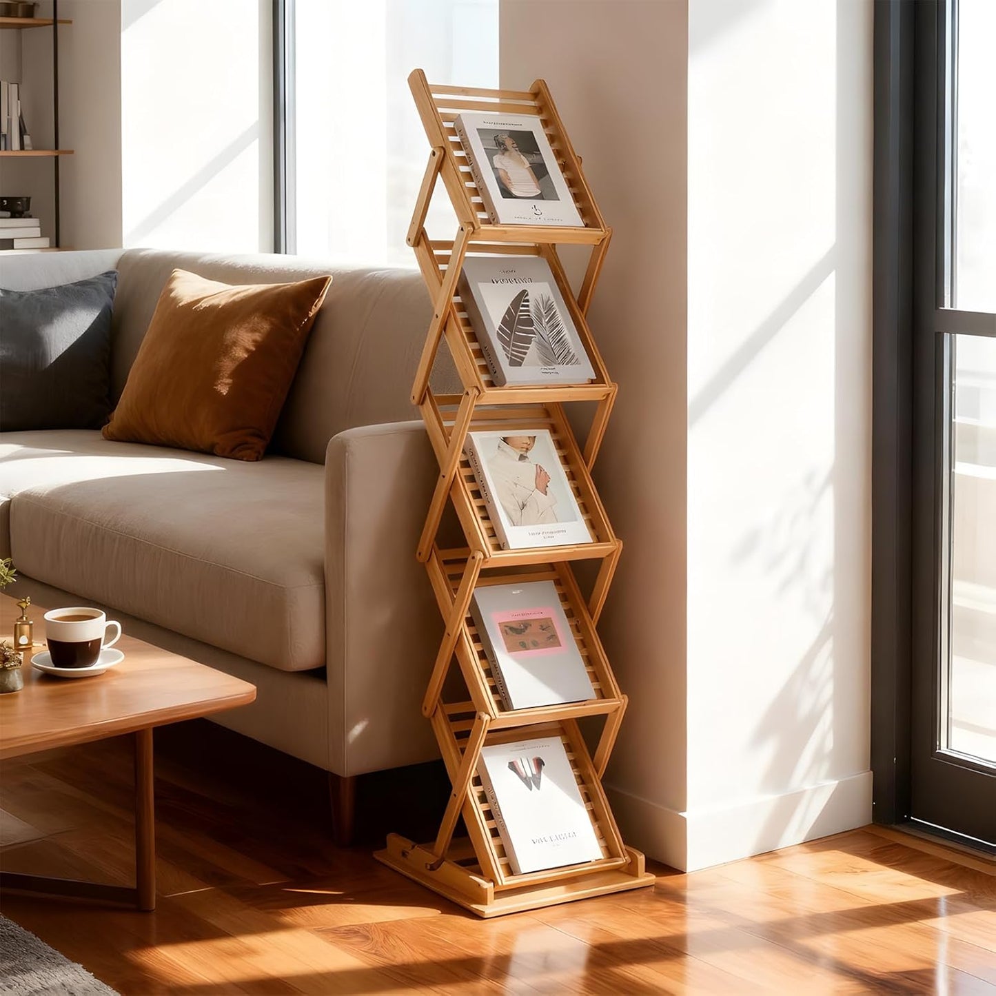 Premium Bamboo Magazine Rack - 5-Pocket Foldable Display Stand for Office, Trade Shows & Home Organization - A4 Literature Holder