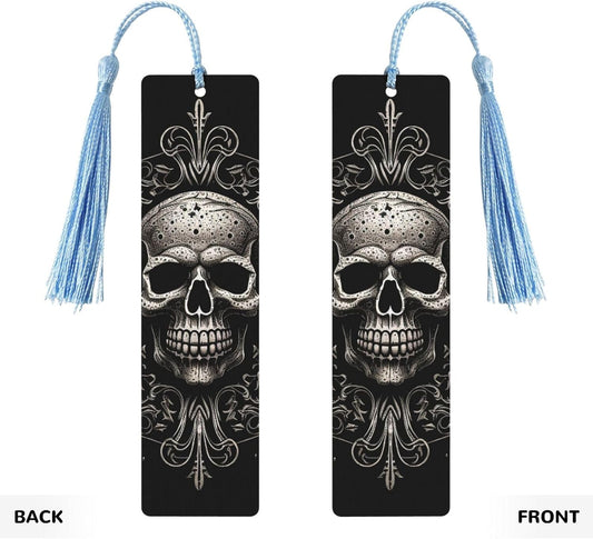 Patterned Skull Bookmarks Gifts for Women Men, Wooden Bookmarks for Book Lovers, Vintage Book Marks Ornaments with Tassel, Unique Personalized Reading Page Markers Sky Blue