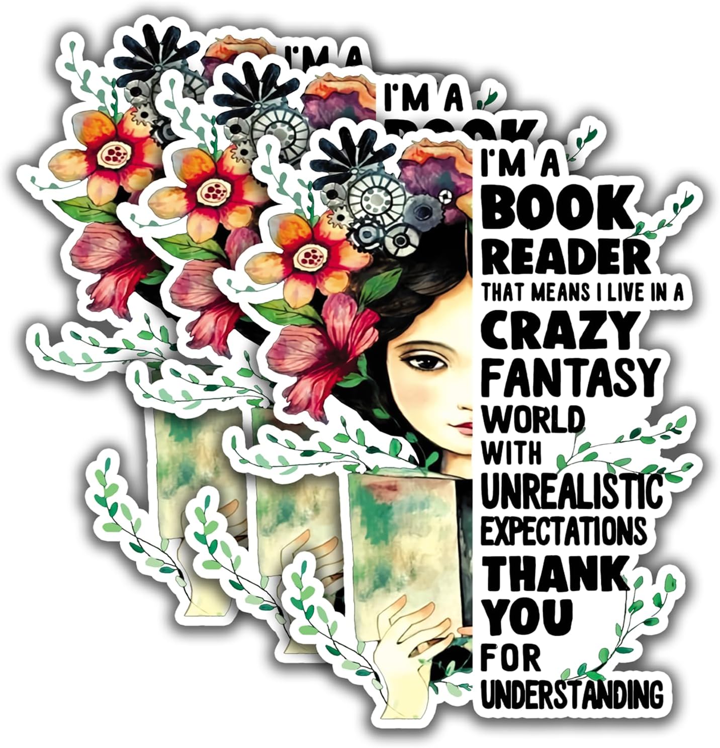 (3Pcs) I'm A Book Reader Sticker Girl and Flower Sticker Decal Waterproof Vinyl Stickers Adult for Laptop Kindle Car Tumbler Water Bottle Mug Phone Notebook Helmet - Size 3”x2,5”