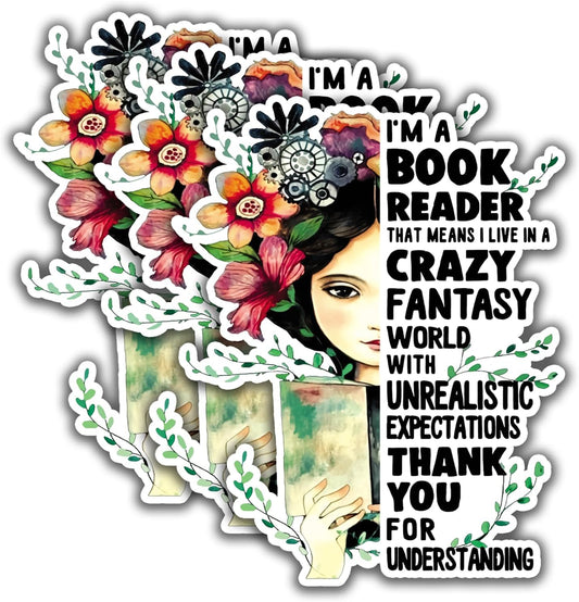 (3Pcs) I'm A Book Reader Sticker Girl and Flower Sticker Decal Waterproof Vinyl Stickers Adult for Laptop Kindle Car Tumbler Water Bottle Mug Phone Notebook Helmet - Size 3”x2,5”