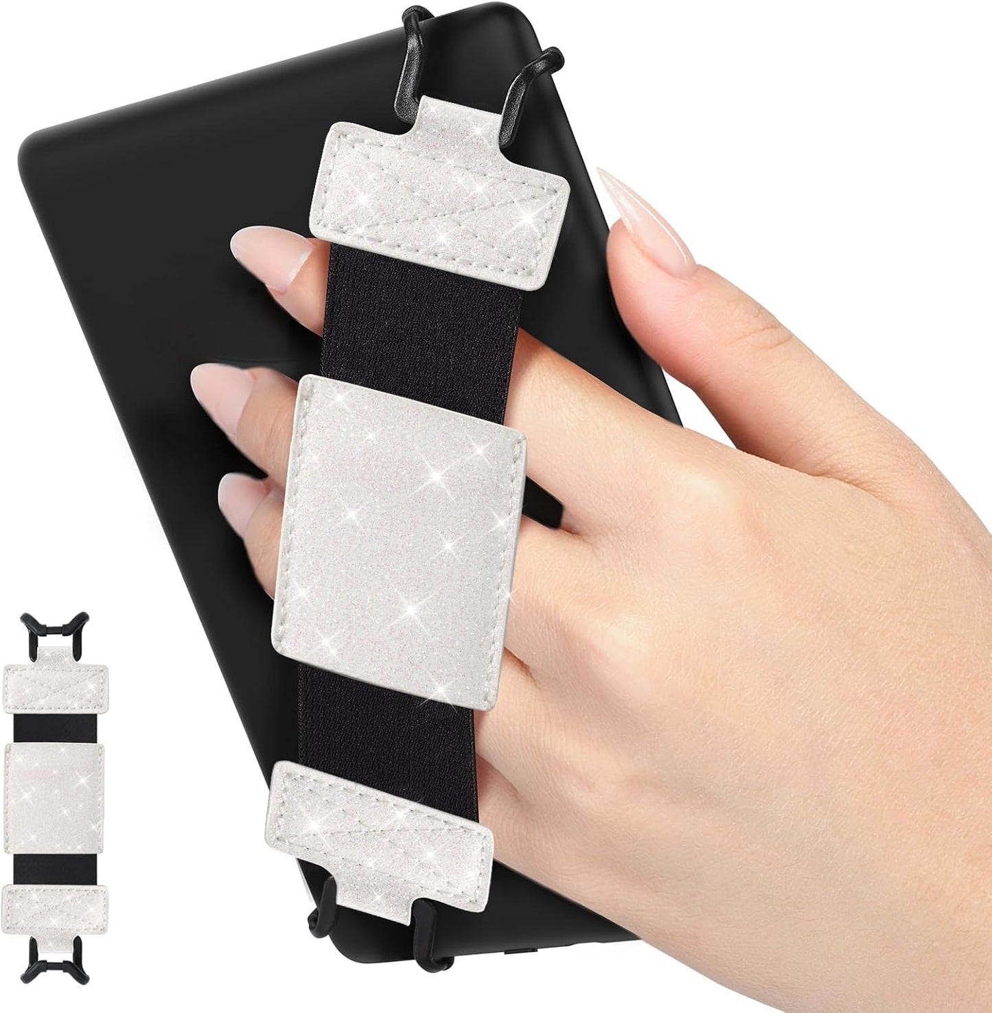 MoKo Soft Hand Strap for 6-8" Universal eReaders & Tablets, Black High-Elasticity Versatile Hand Strap Lightweight Finger Grip Holder, Glitter White