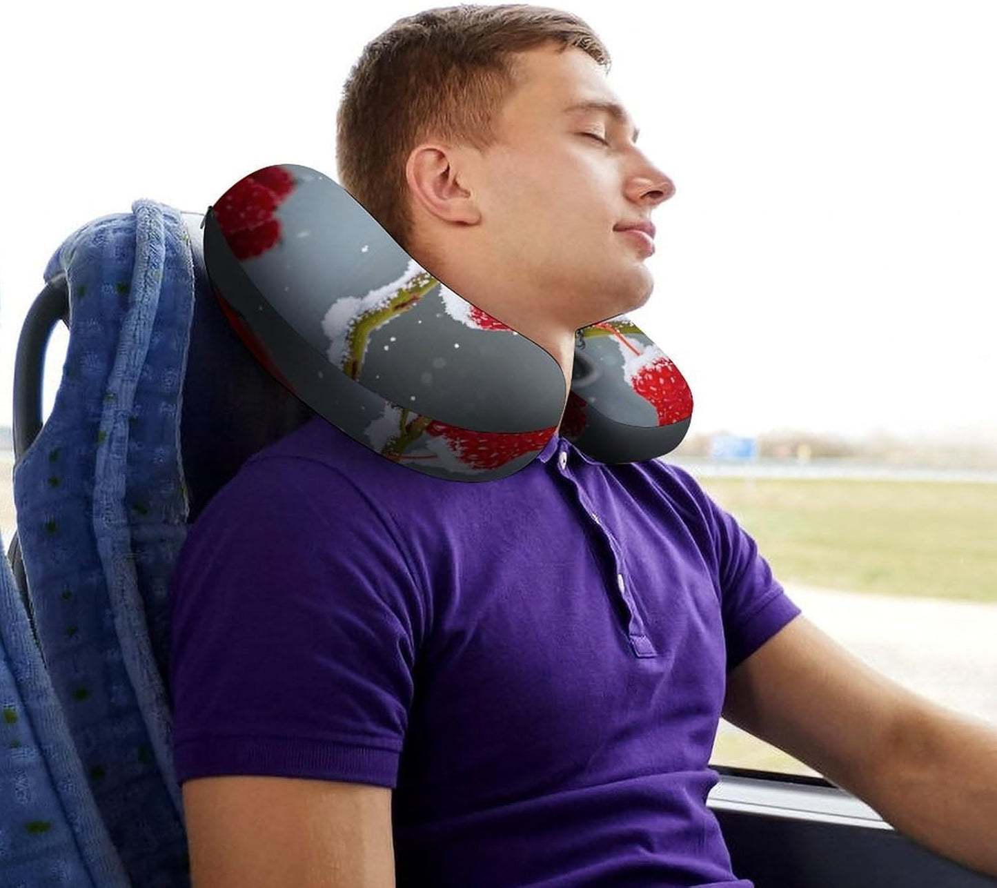 Cardinal Birds, Snow, Cranberries. Neck Pillow Memory Foam U Shaped Pillows Portable Pillows for Shoulder Travel Head Support Pillow with Concealed Zipper for Airplane Car Home Office