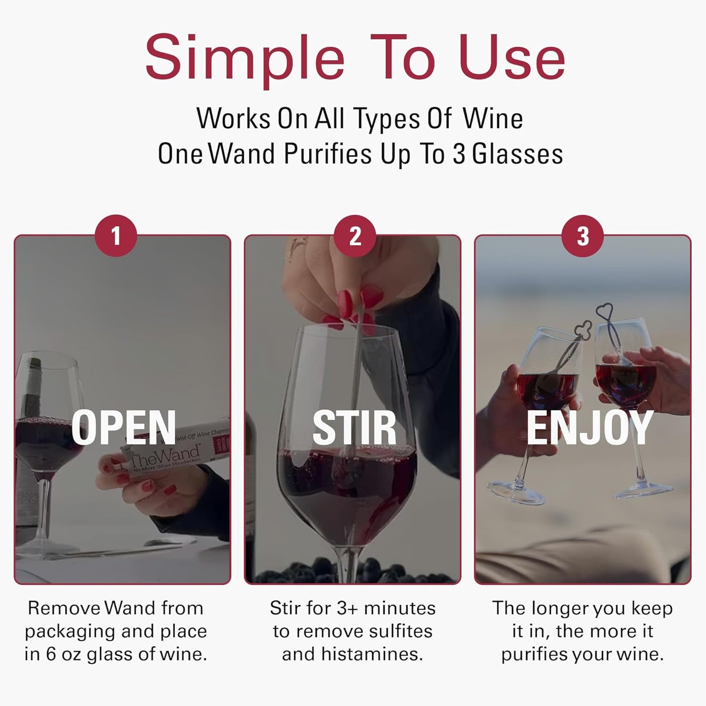 PureWine The Wand Wine Purifier - Red & White Wine Filters for Histamines & Sulfites, Sulfite Remover Sticks, Helps Allergies & Headaches, Gift Accessories for Women & Men - 3 Wands, Silver