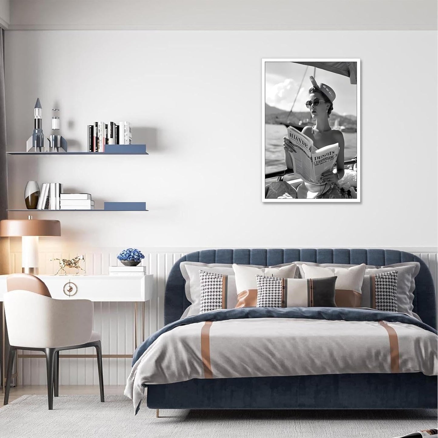 Vintage Black And White Poster Woman Reading Newspaper On Boat Wall Art Retro Luxury Feminist Magazine Aesthetic Prints Painting For Living Room Bedroom Office Wall Decor 12x16in Unframed