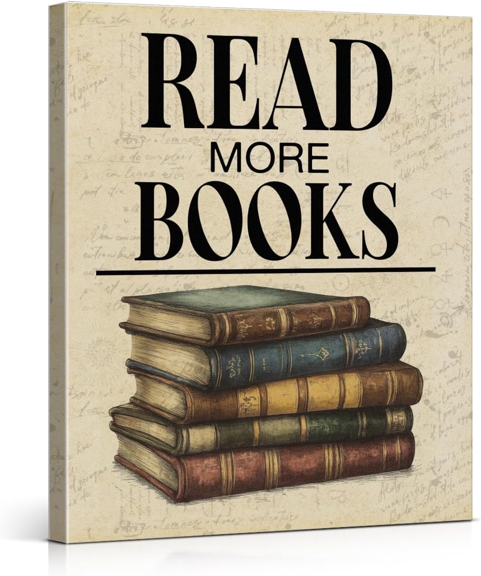 Vintage Reading Book Classroom Wall Art Print - Read More Books Poster Painting - Retro Book Lover Wall Decor for Library Study Reading Room Dorm Canvas Framed 8x10 Inches