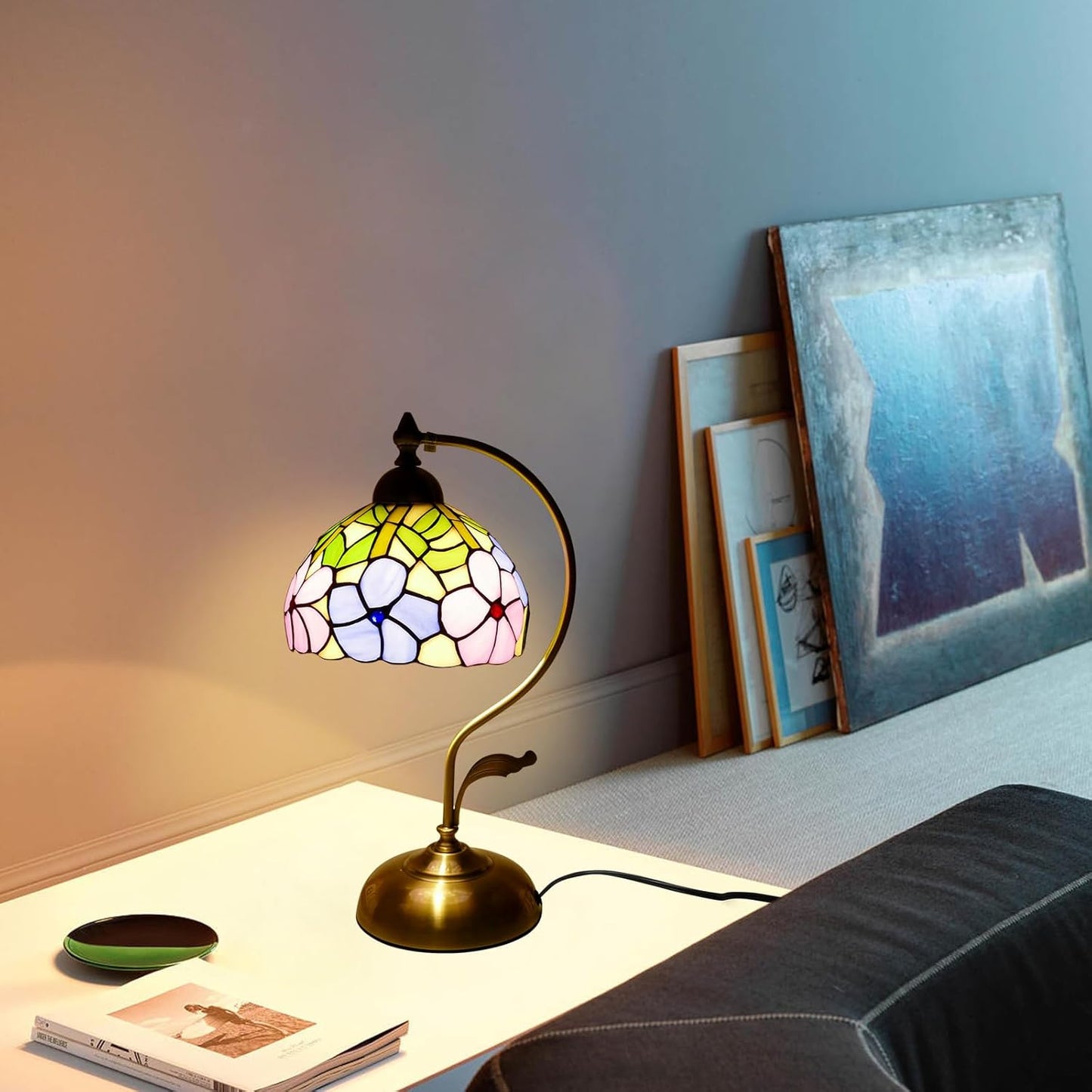 Tiffany Table Lamp Morning Glory Stained Glass Lamp 8" Wide 17" Tall Bedside Table Light Desk Lamps Vintage Reading Lamp with Color Changing LED Bulb