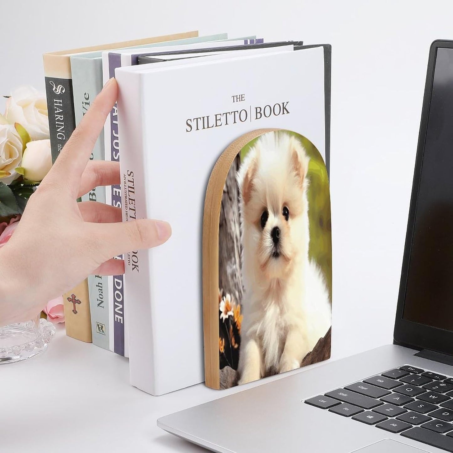 Cute Dog Bookend for Shelves Wooden Book End Large Size Sturdy Book Holders Stoppers with Metal Base for Bookshelves Slick Decorative Bookends Stands
