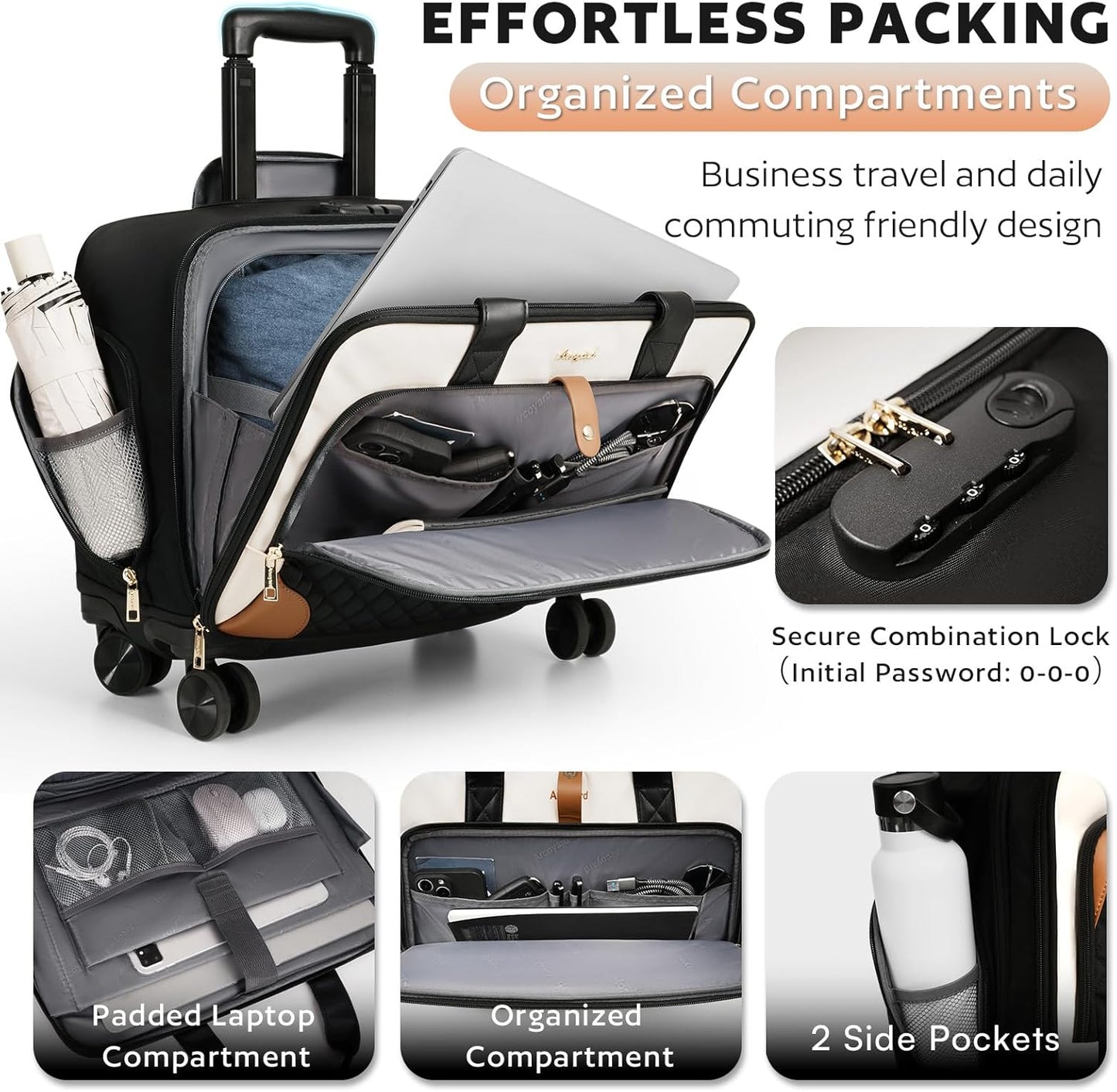 Rolling Laptop Bag with 4 Spinner Wheels, Rolling Briefcase for Women with Lock, 16 Inch Computer Bag with Telescopic Handle, Overnight Laptop Bag with Wheels for Work Travel Business, Beige Brown