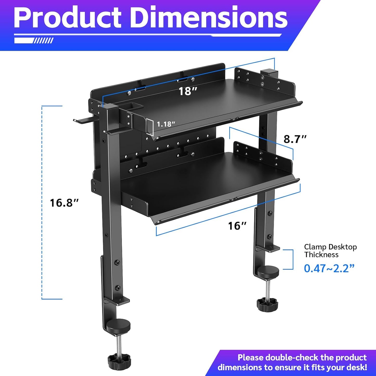 2-Tier Metal Clamp On Desk Shelf, Adjustable 16 inch Desk Storage Shelves with Pegboard and Pencil Holder,Above or Under Heavy Duty Desktop Organizer with Headphone Holder for Desk Accessories (Black)