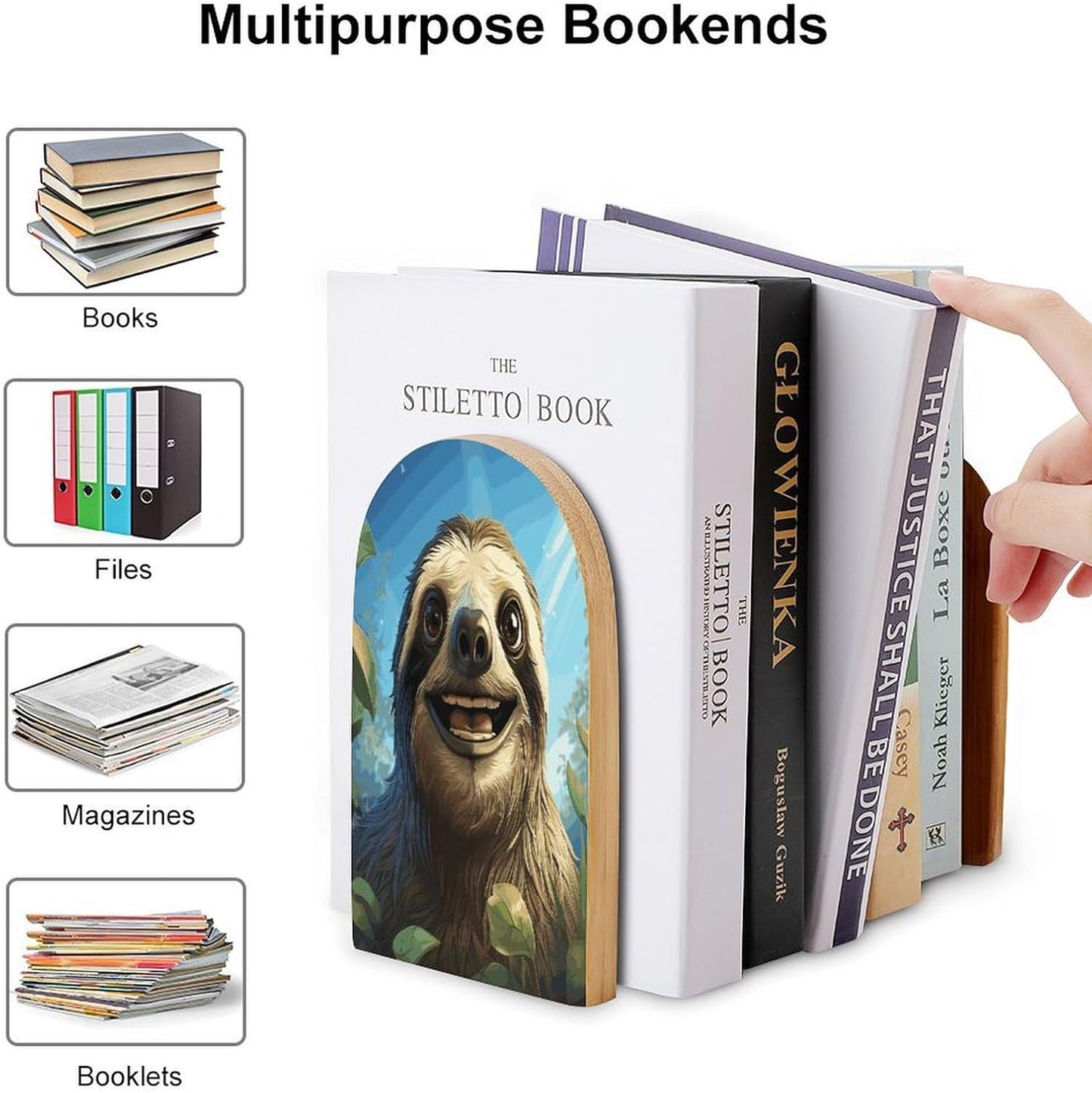 Cartoon Funny Sloth Bookend for Shelves Wooden Book End Large Size Sturdy Book Holders Stoppers with Metal Base for Bookshelves Slick Decorative Bookends Stands