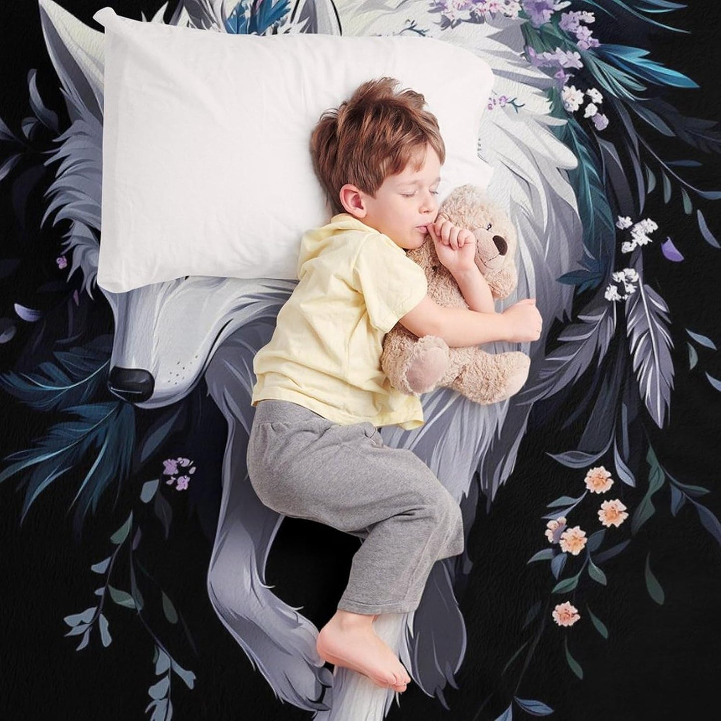 Flower Wolf Throw Blanket for Couch Bed Plush Cozy Fuzzy Flannel Blanket for All Season 55"x70"