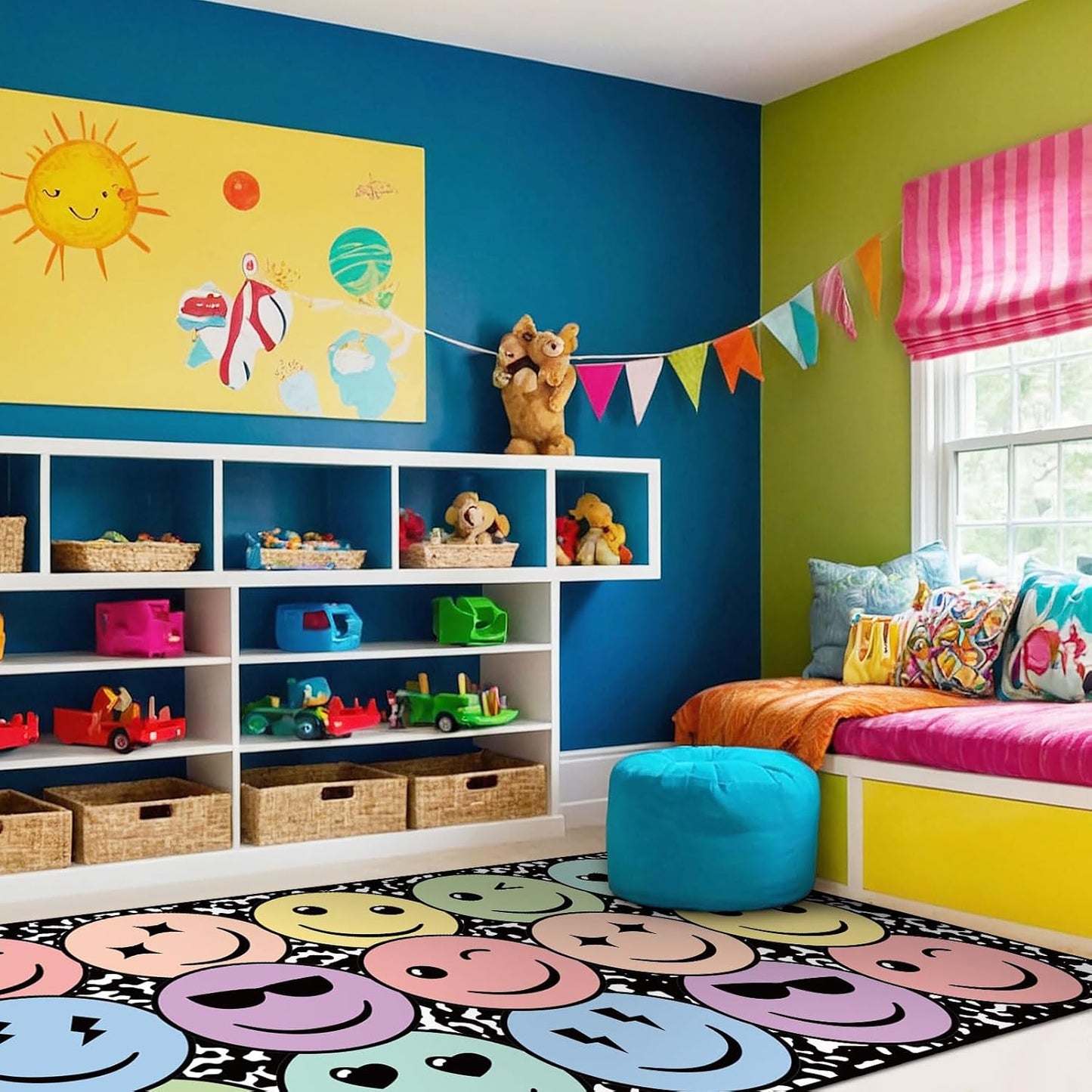 Nuanchu 1 Pack Large Pastel Face Classroom Area Rug 12.1' X6. 5' Composition Base Smile Educational Area Rug Colorful Classroom Decor Pastel Play Carpet for Teaching and Playroom