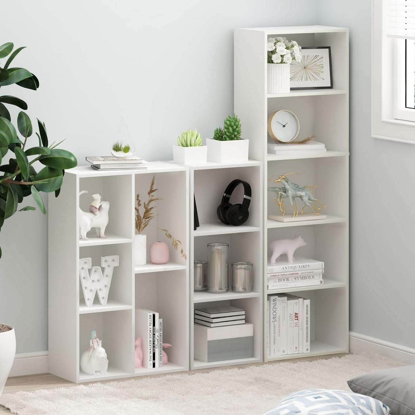 Furinno LUDER Book Shelf, 3-Cube Bookshelf, Bookcase with Open Shelves, 9.3 x 12 x 31.5, for Living Room, Bedroom, Home Office, White