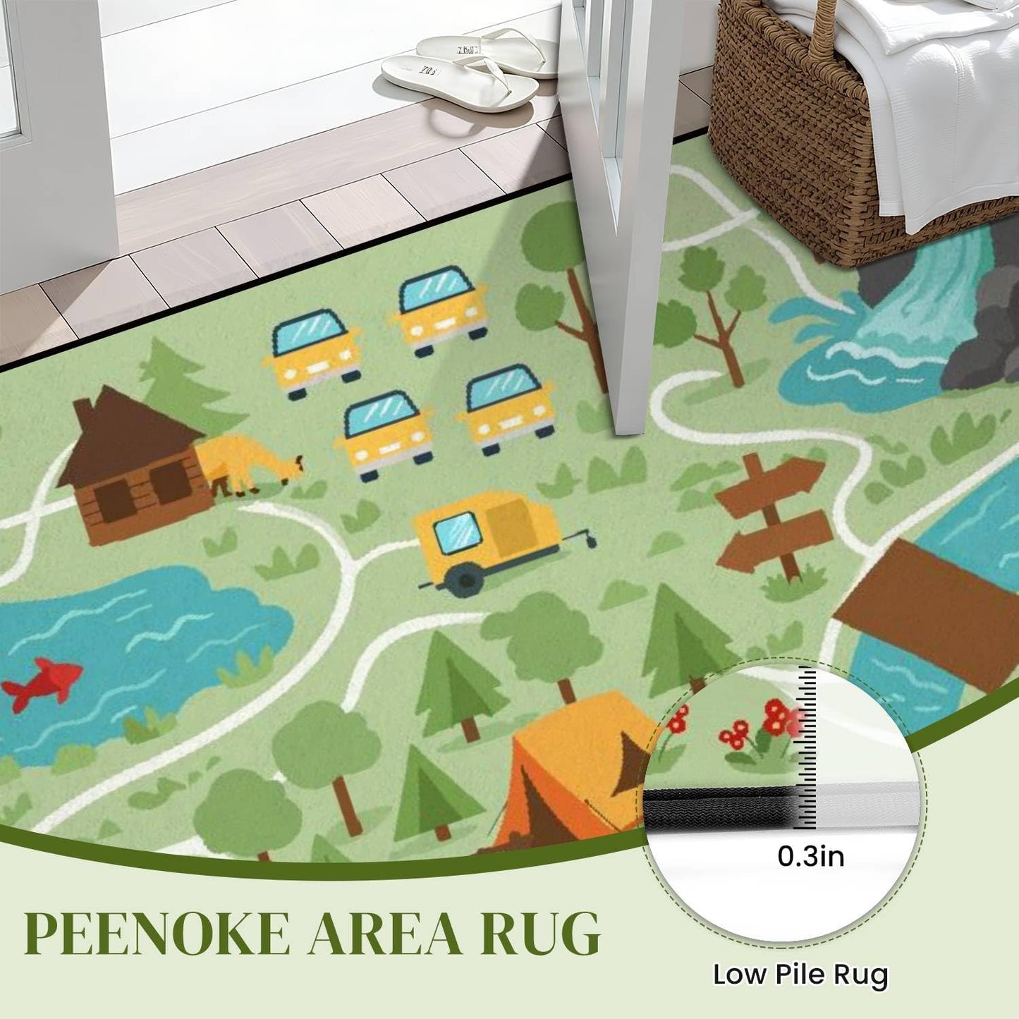 Camping map Summer Camp Nature Clip Art Infographic Elements Mountains Area Rug Outdoor Patio Rug Play Mat Modern Floor Carpet Non-Slip Home Decor Living Room Kids Bedroom Nursery, 3x5 ft