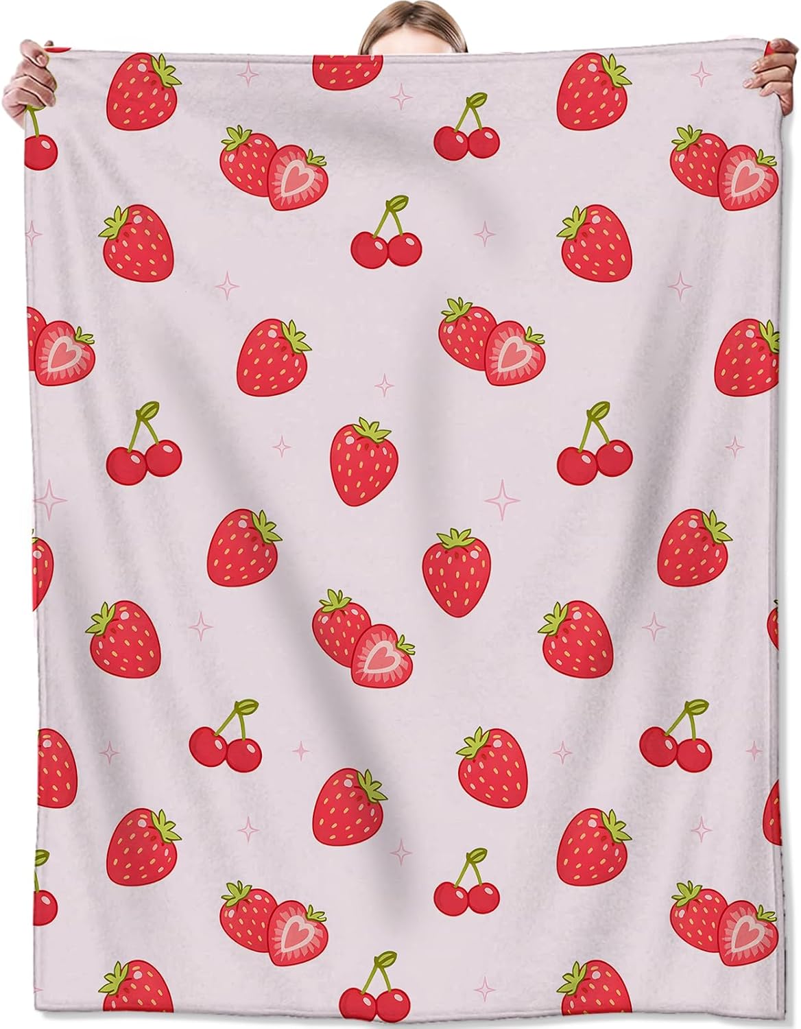 Cute Strawberry Flannel Blanket, Soft Cozy Throw with Cherry Fruit, Playful Cheerful Home Bedroom Decor and Gifts for Women Kids Girls, Lightweight Blankets for All Seasons, 50x60 Inch
