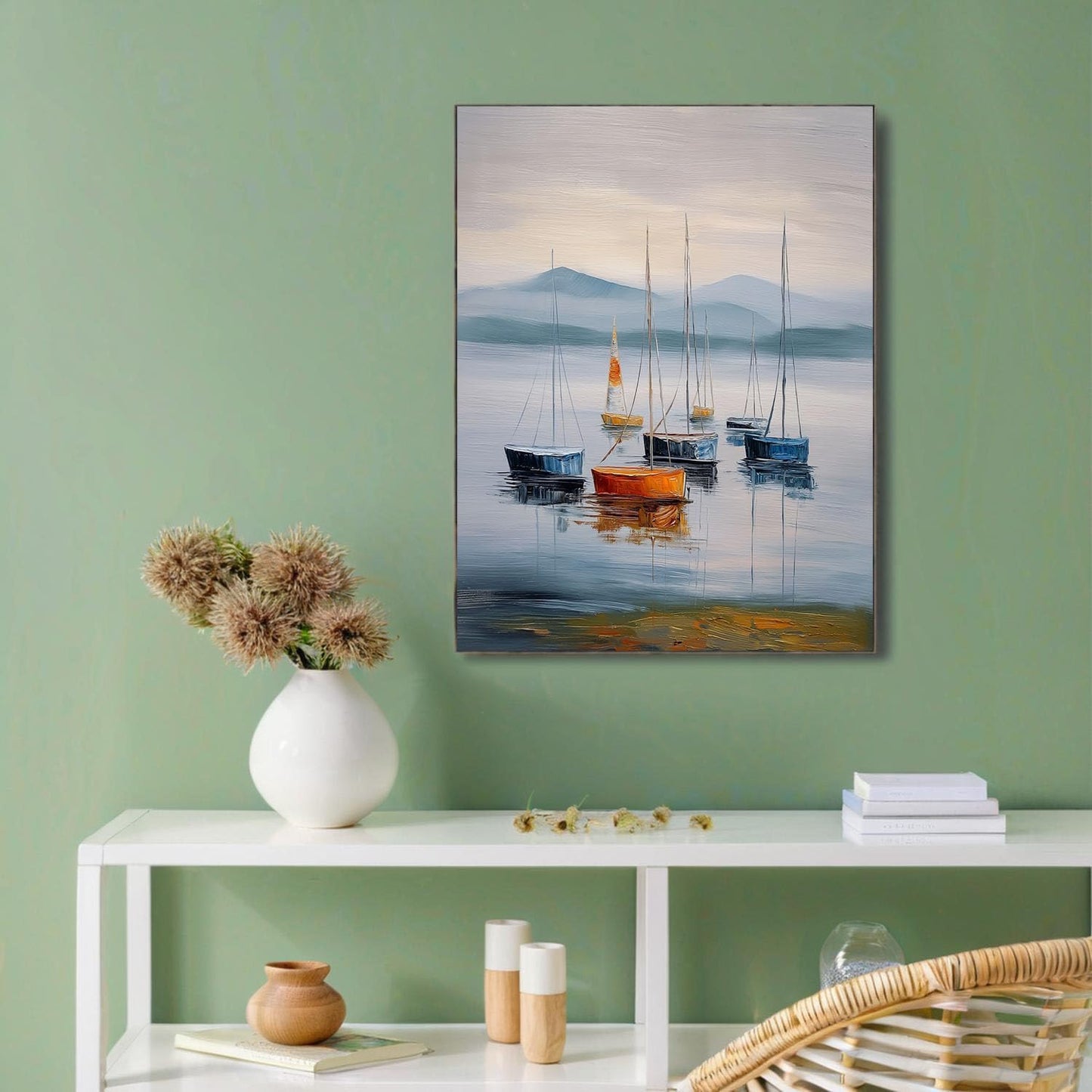GDJSMIN Minimalist Oil Painting Style Wall Art, Ocean Blue Sailboat Texture Poster For Reading Room Living Room Decor 12X 16 Inch Unframed