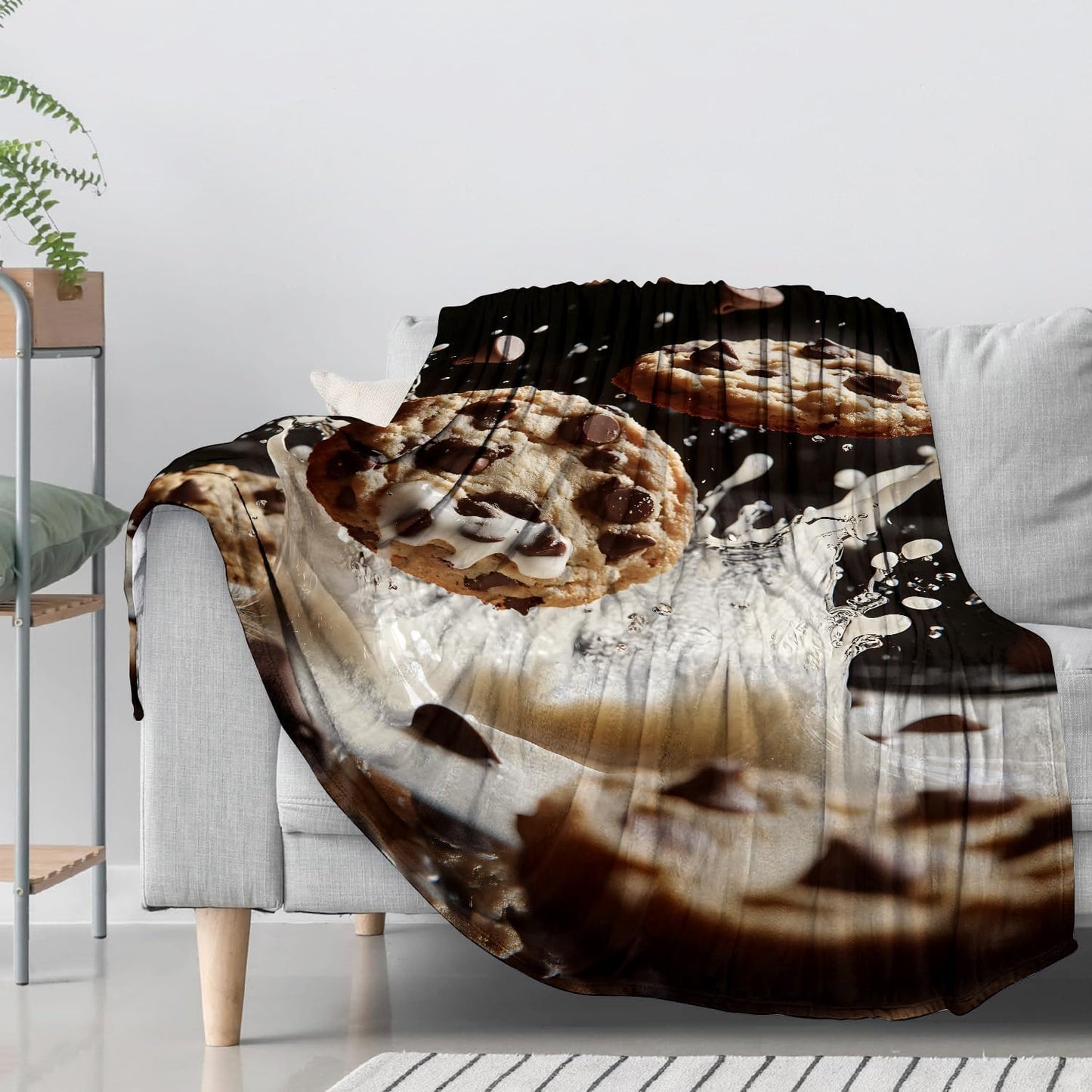 Chocolate Cookie Flannel Throw Blanket 50x60 Inch, Splashing Milk and Cookies Blankets Soft Cozy Fleece Realistic Throws for Food Lover Bed Sofa Dorm Living Room Funny Decor Gifts