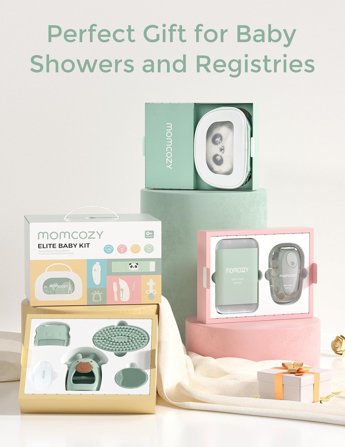 Momcozy Elite Baby Kit, Superior Baby Shower & Registry Essential Kit for Grooming & Health & Cleansing Care, Electric Nail File & Nasal Aspirator,Tummy Wrap,Thermometer,Bath Brush,Teether,Storage Bag