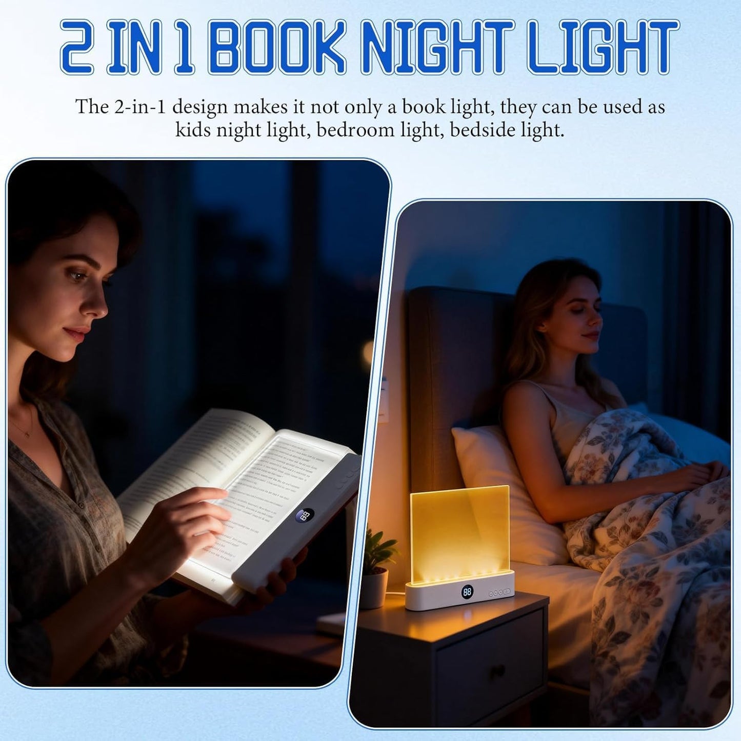 Smart Flat Book Light, Rechargeable Clear LED Reading Lamp with 3 Colors & Timer, 99% Light Transmittance Dimmable Full Page Panel Plate Lamp, Ultra-Clear Transparent Panel Night Reading Lights