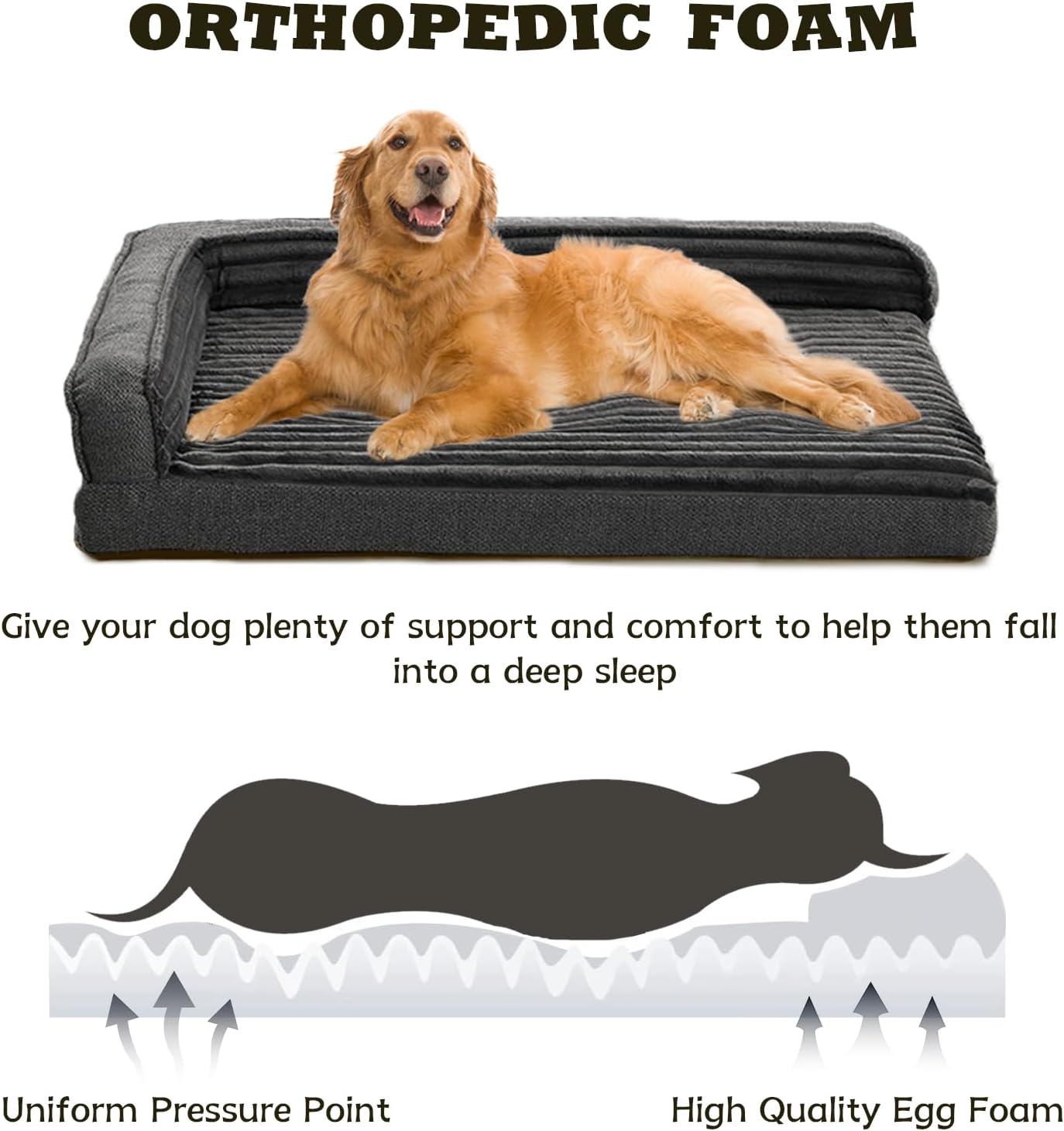 WINDRACING Orthopedic Dog Beds for Large Dogs, XLarge Waterproof Dog Bed with L Bolster Sides, Washable Big Pet Bed with Removable Cover & Non-Slip Bottom, 40 x 28 inch, Gray