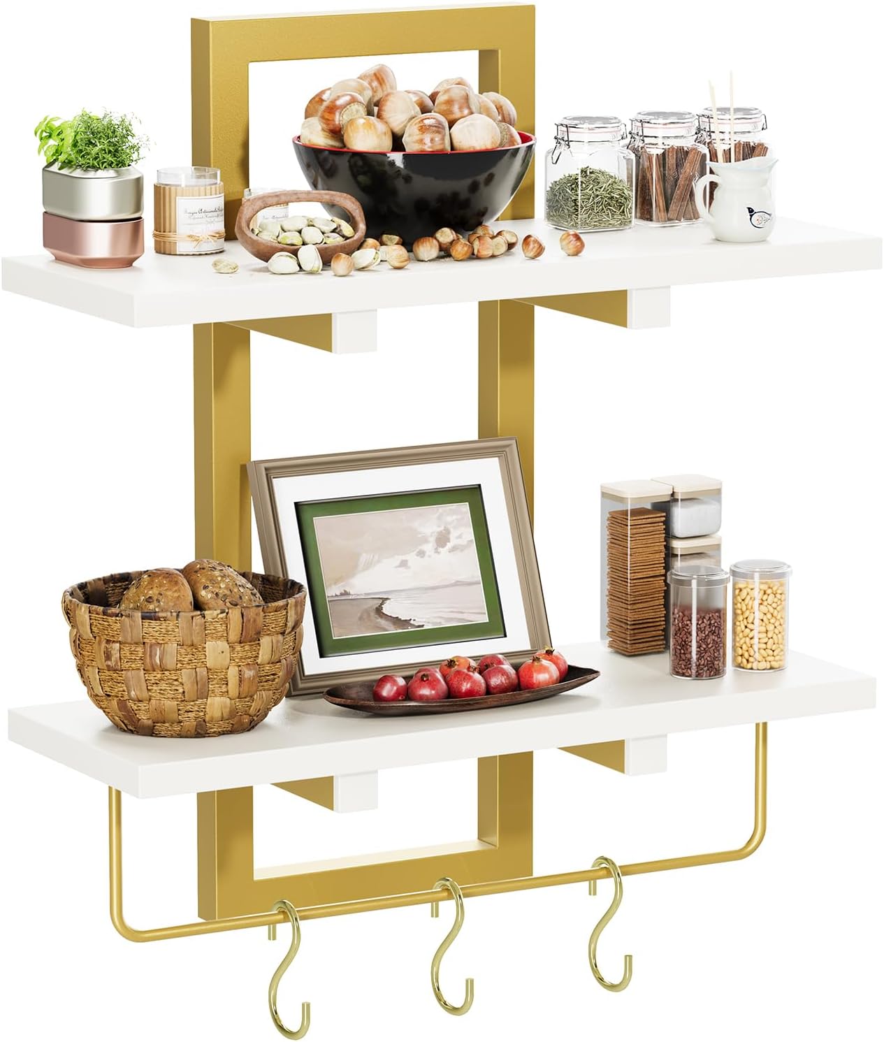 Floating Shelves, 15" Wall Shelf Set of 2, Hanging Bathroom Shelves 2-Tier, Wall Mounted Storage Shelves, for Living Room Bedroom Bathroom Kitchen Office Coffee Bar, White and Gold