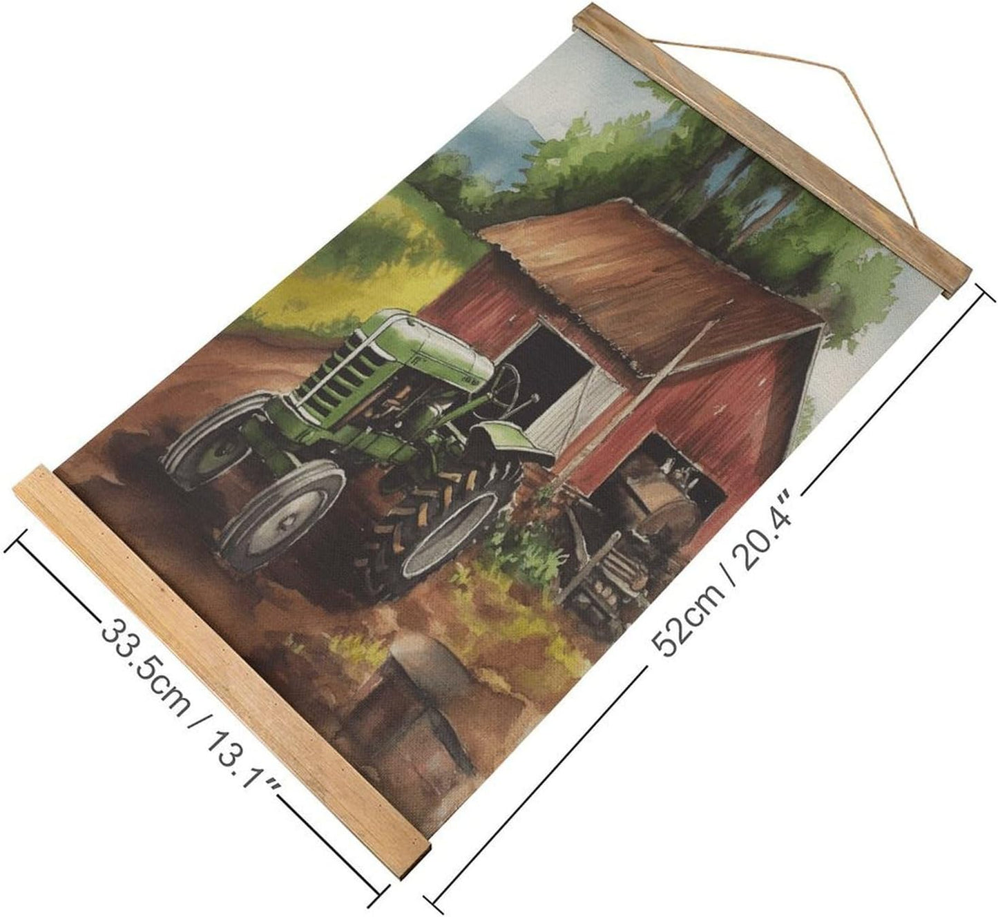 Vintage Tractor on The Farm Poster with Wooden Frame Personalized Linen Hanging Scroll Painting Rustic Wall Hanging Illustrative Modern Artwork Decor for Home Living Room Bedroom Office