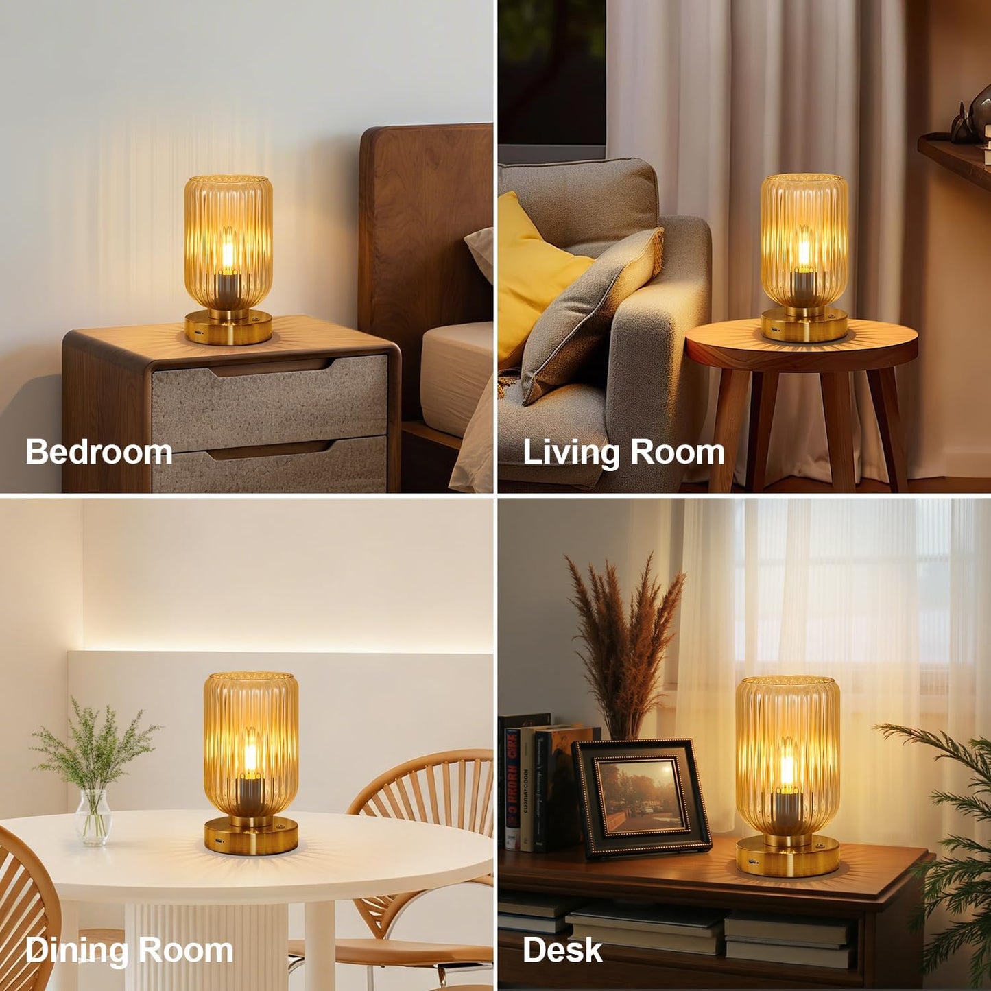 Table Lamp for Bedroom, Cordless Small Bedside Lamp, Touch Dimmable Rechargeable Lamp Battery Operated with Amber Glass Shades for Night Stands, Living Room, Desk, Bulb Included