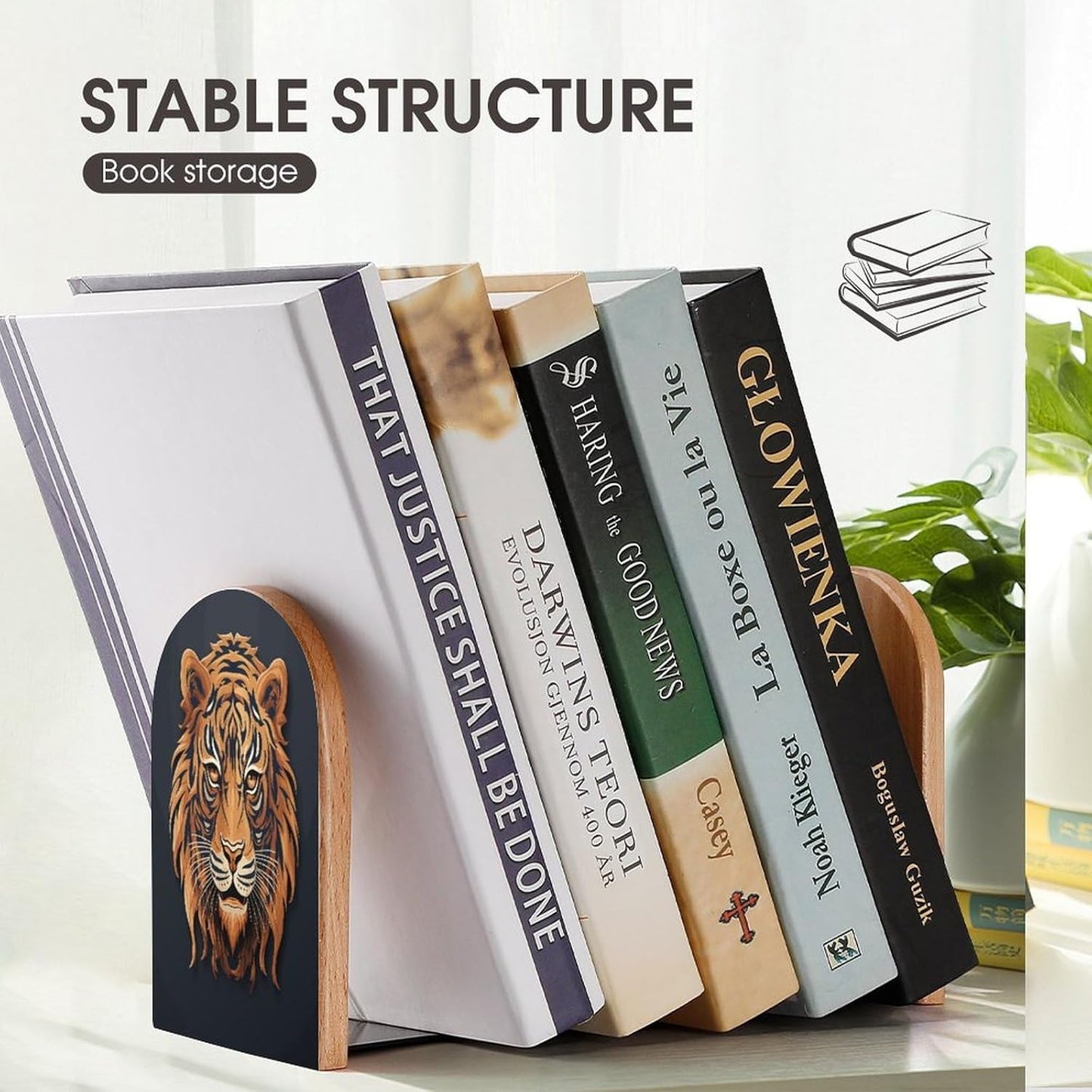New Year Tiger Logo Design Bookends 1 Pair Heavy Duty Book Ends for Shelves Non-Skid Bookend Supports Wooden Book Holders with Metal Base Desk Organizers Books Storage to Hold Books