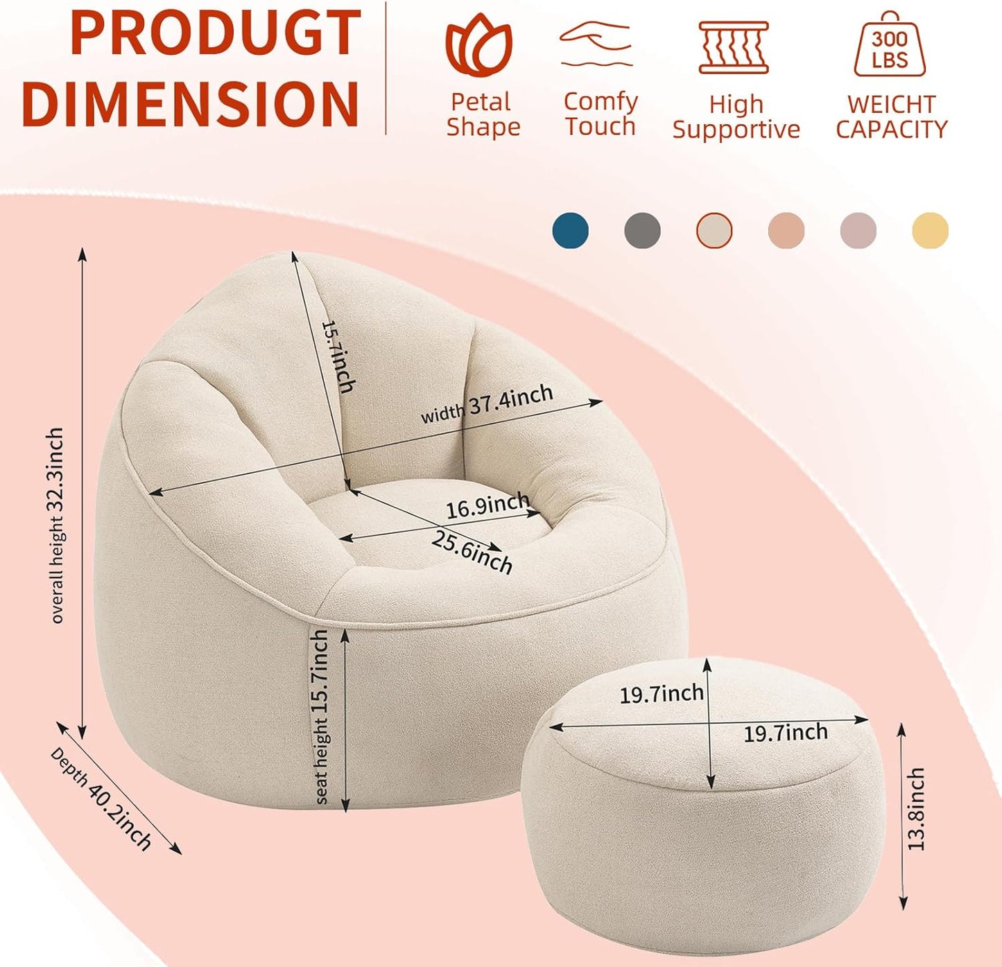 Bean Bag Chairs, Gaint Bean Bag Couch with Memory Foam for Adults and Kids, Microfiber Upholstered Sofa with Ottoman, Comfy Lazy Bean Bag Reading Chair for Living Room