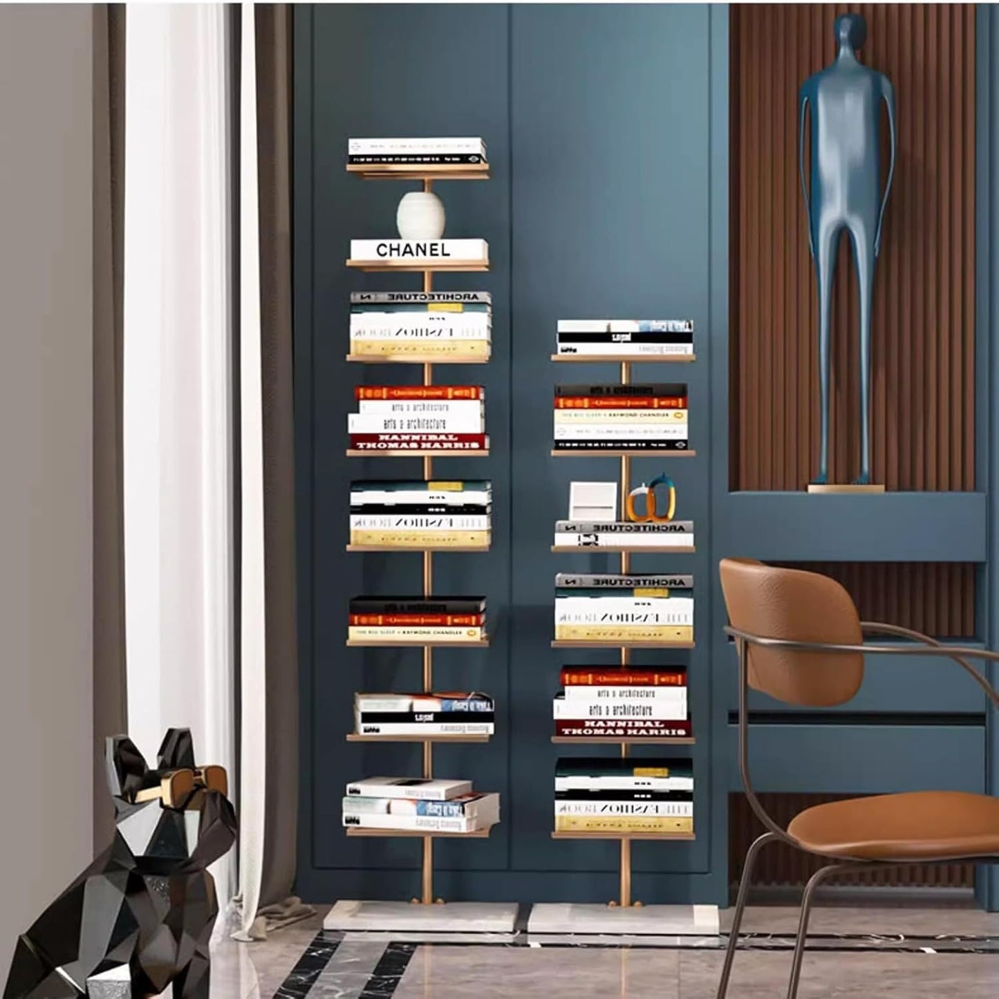 Modern 6-Tier Vertical Bookshelf Tower, Free Standing Narrow Bookcase with Open Shelves, Space-Saving Floor-to-Wall Storage for Living Room, Bedroom, Office (Black)