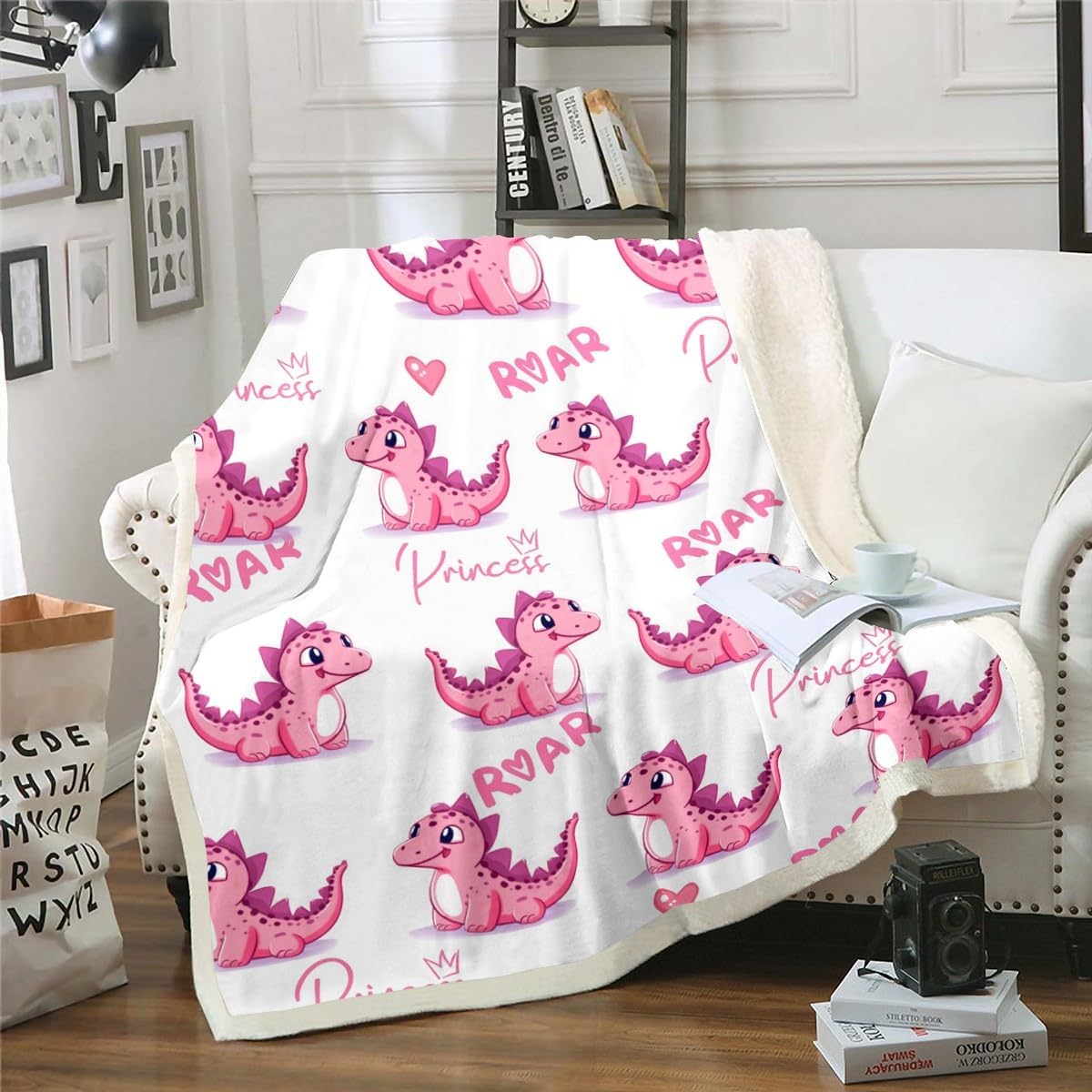 Dinosaur Girls Pink Dino Fleece Throw Blanket for Bed Sofa Couch Kids Cute Cartoon Jungle AnimalsPattern Sherpa Blanket Room Decor Baby 30"x40" Soft and Cozy Fuzzy