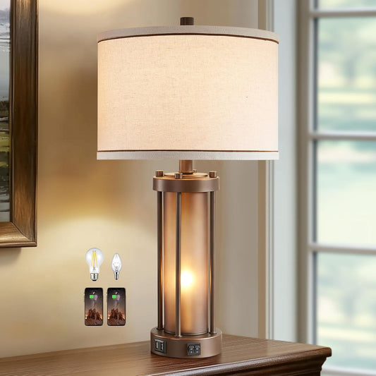 RORIA Farmhouse Table Lamps for Living Room with 2 USB Charging Ports, Vintage Rustic Nightstand Lamp with Amber Glass Nightlight, Retro Desk Lamp for Bedroom Entryway, 2 Bulbs Included