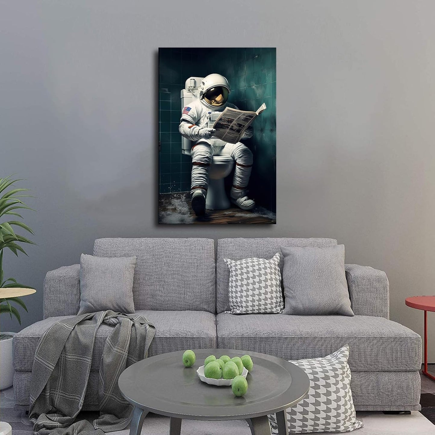 NikkOh Astronaut Reading Newspaper on Toilet Poster Canvas Painting Wall Art Hanging Picture Gift Bedroom Home Aesthetic Decoration (Framed,12×18inch)