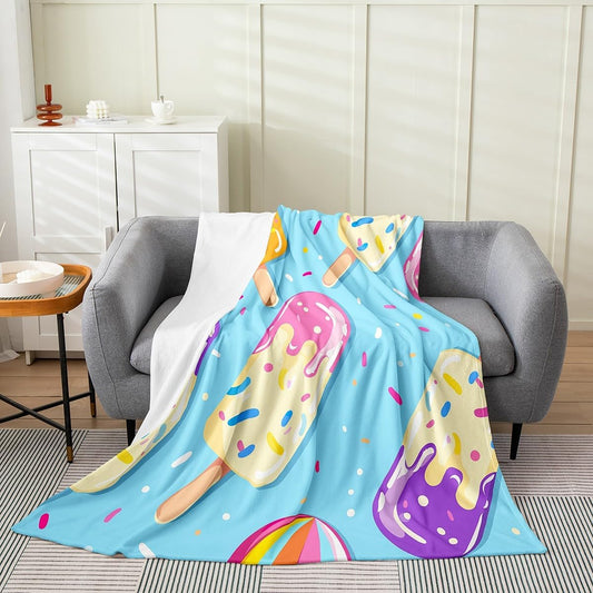 Erosebridal Blue Summer Blanket Queen 90x90, Ice-Cream Confetti Throw Blanket, Kawaii Theme Soft Lightweight Fleece Blanket, Cartoon Cute All Season Sherpa Blanket for Sofa Bed Couch