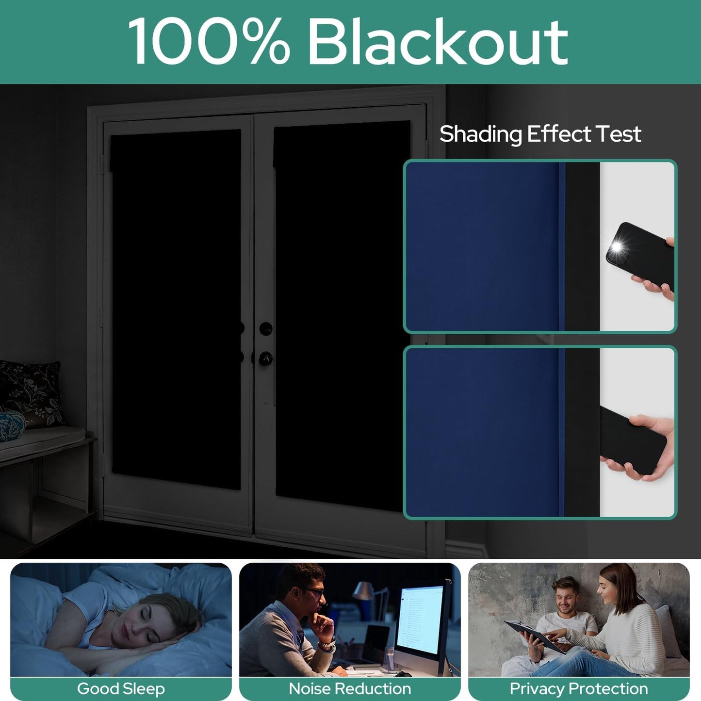 HOMEIDEAS 100% Blackout French Door Curtains, Privacy Door Curtains for Window, 26 X 40 Inch Room Darkening Blinds, Thermal Insulated Window Shades for Bedroom, 1 Panel, Navy Blue