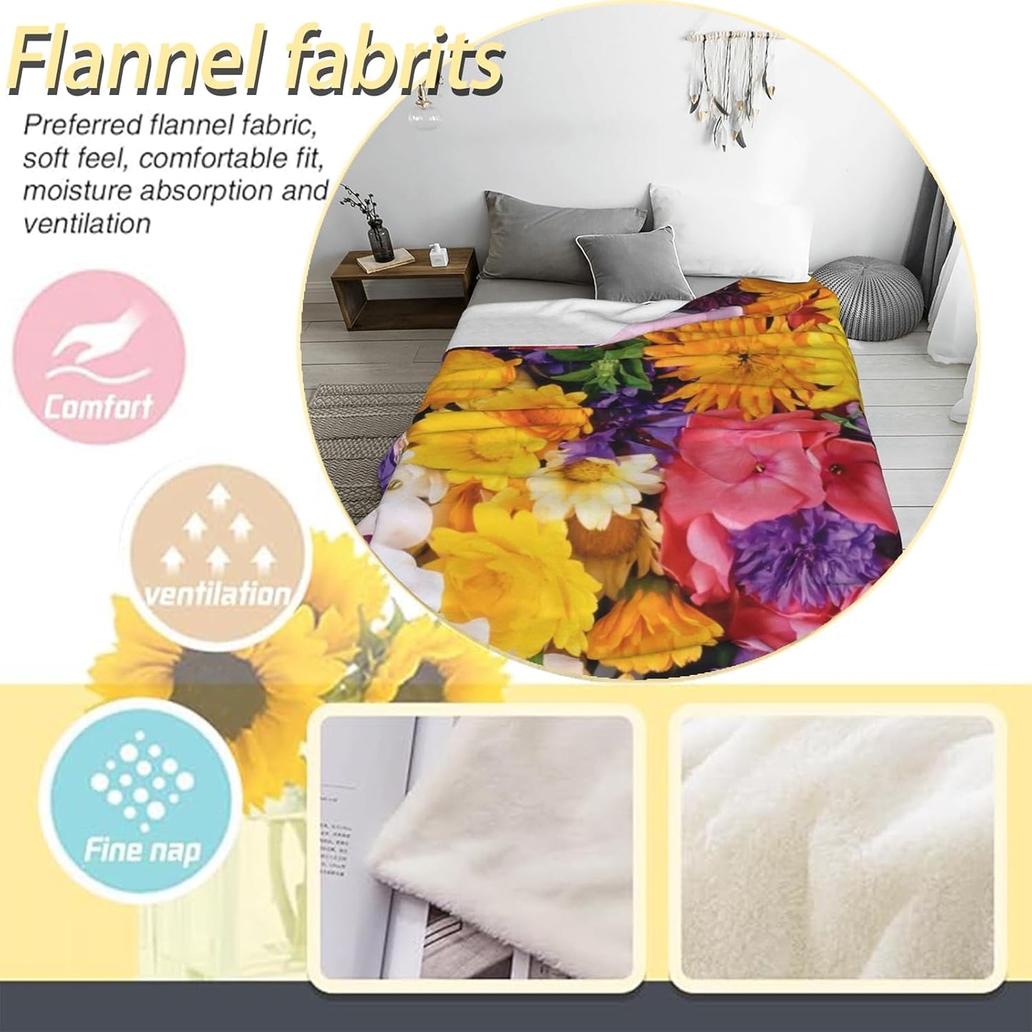 Watercolor Floral Butterfly Throw Blanket, Yellow Blossom Branch, Soft Flannel Fleece, 50x60 Inch, Couch Sofa Blankets for Women Nature Lover, Cozy Spring Cottage Flower Home Decor Gifts