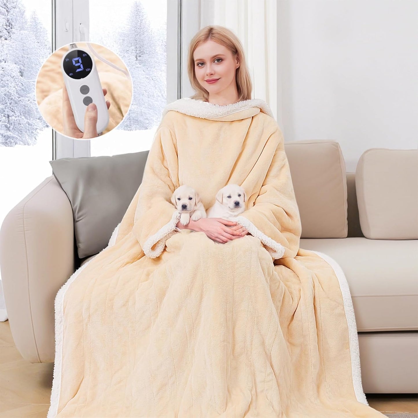 Wearable Heated Blanket with Sleeves, Electric Heated Robe with Foot Pockets, Electric Snuggie for Women, 9 Heating Levels & 2-10 Hours Timer, 50"x70" (Light Yellow)