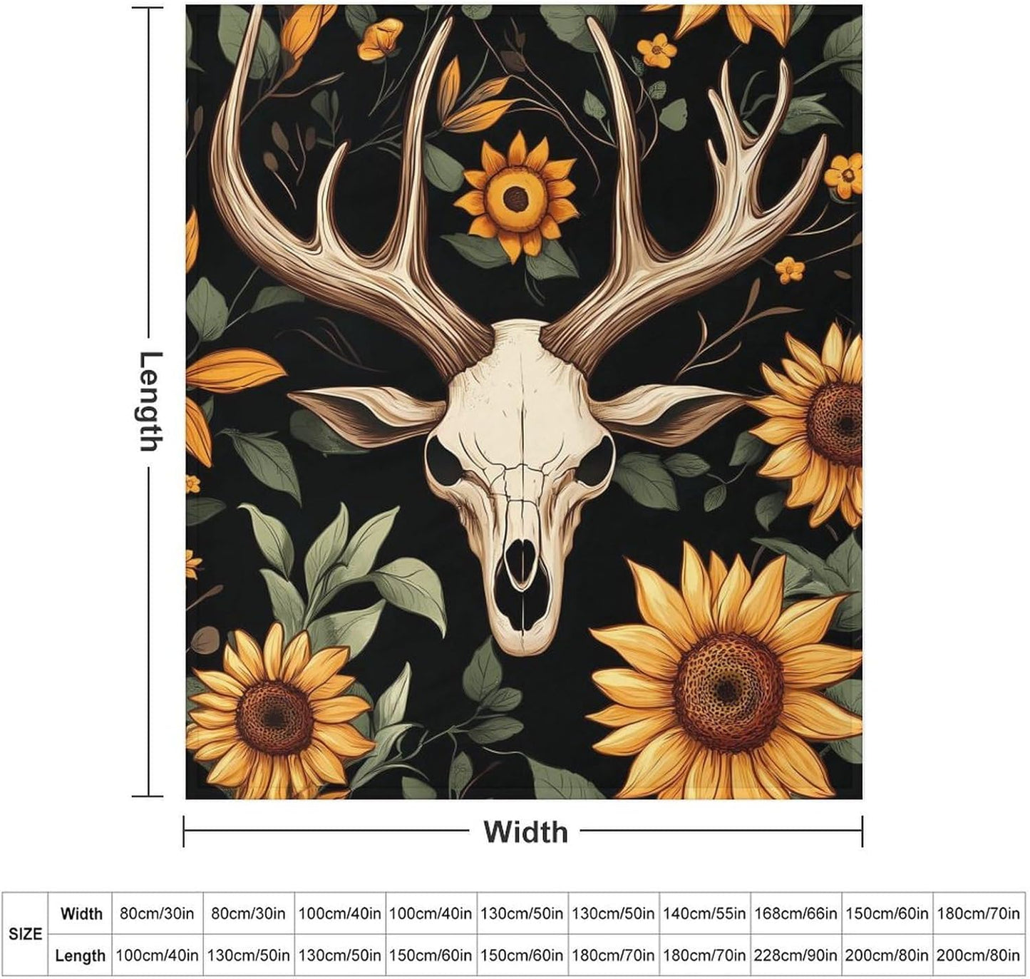 Deer Skull Sunflower Throw Blanket for Couch Bed Plush Cozy Fuzzy Flannel Blanket for All Season 70"x80"
