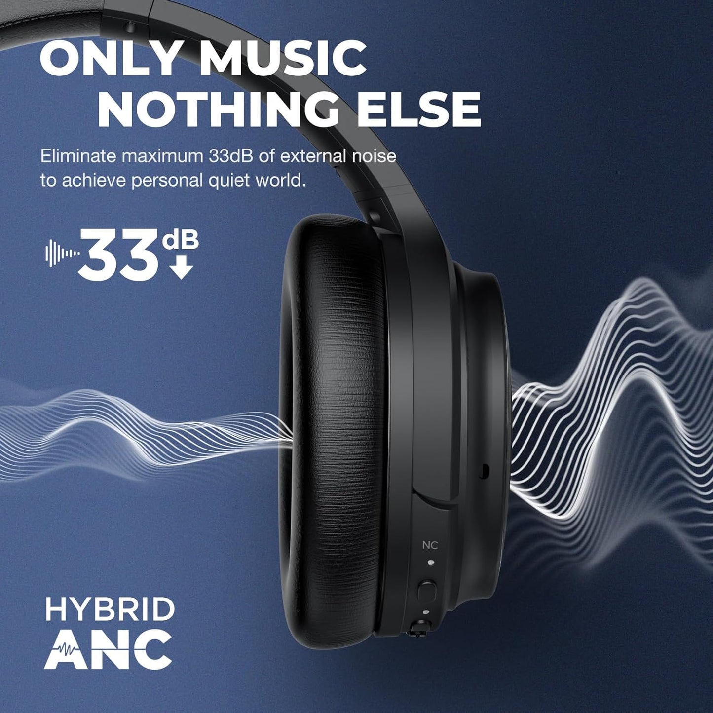 MOVSSOU Hybrid Active Noise Cancelling Headphones, Bluetooth Headphones Wireless Over Ear Headphones with Microphone, Deep Bass, Memory Foam Ear Cushions, 30 Hrs for Travel/Office/Home Black