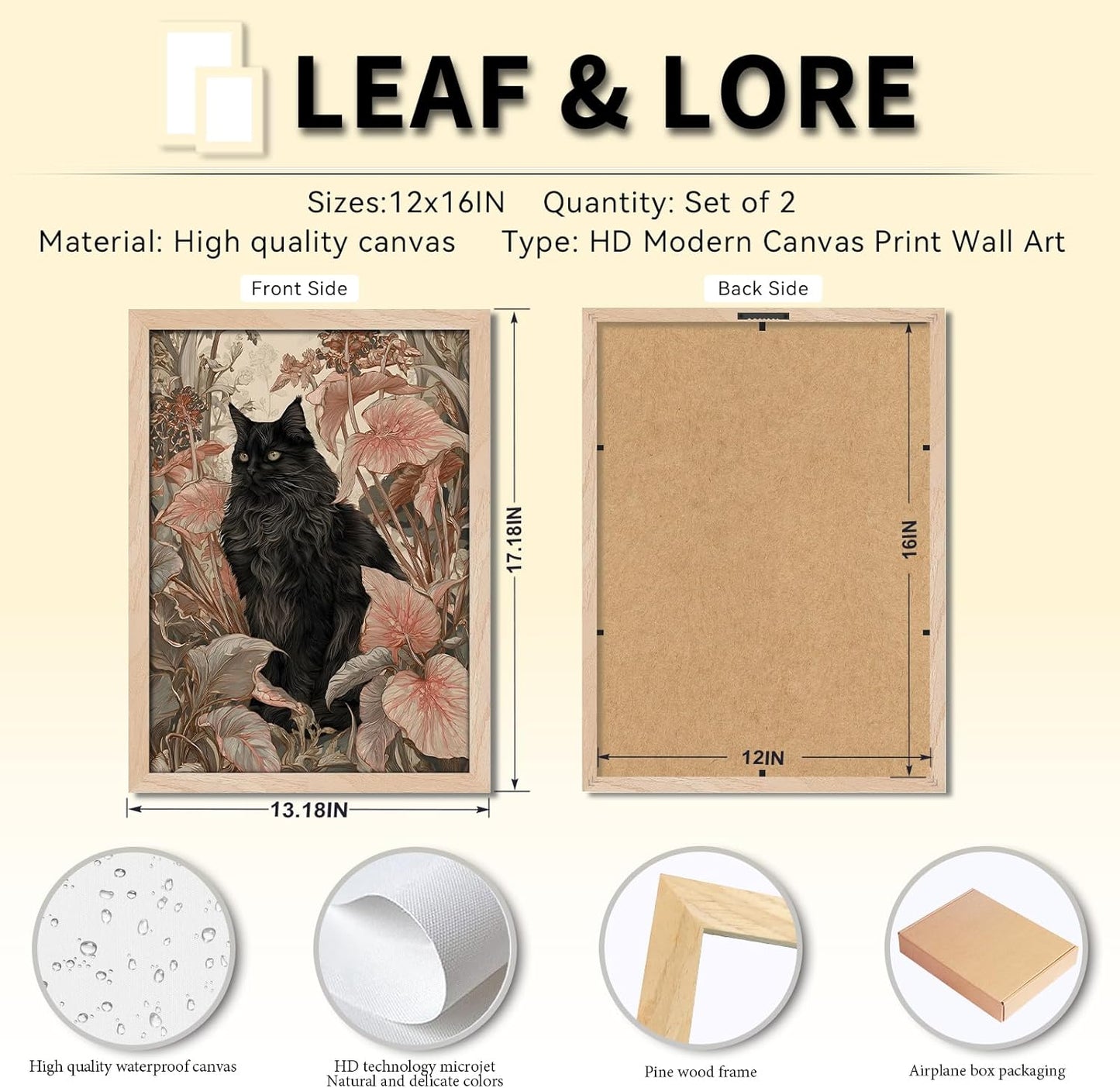 Leaf&Lore Framed Black Cat Botanical Wall Art – Vintage Floral Cat Canvas Painting with Solid Wood Frame & Acrylic Cover, Elegant Nature Picture Prints for Living Room Home Decor12x16IN