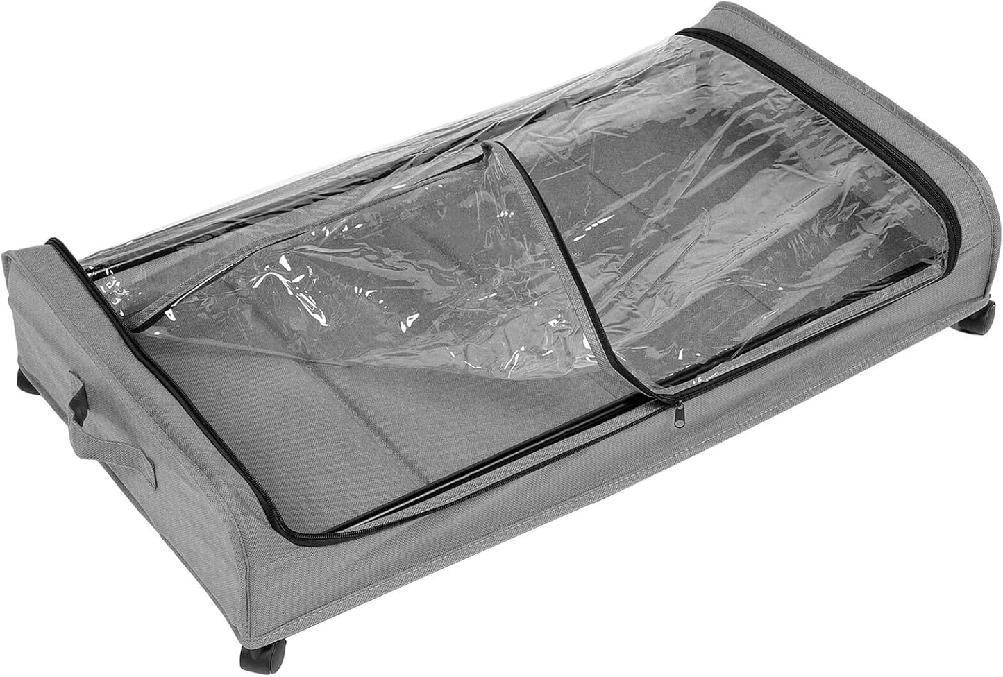 FAVOMOTO Bed Storage Organizer with Wheels, Grey Metal Rolling Clothes and Shoe Storage Rack with Fabric Cover Base for Bedroom Space Saving