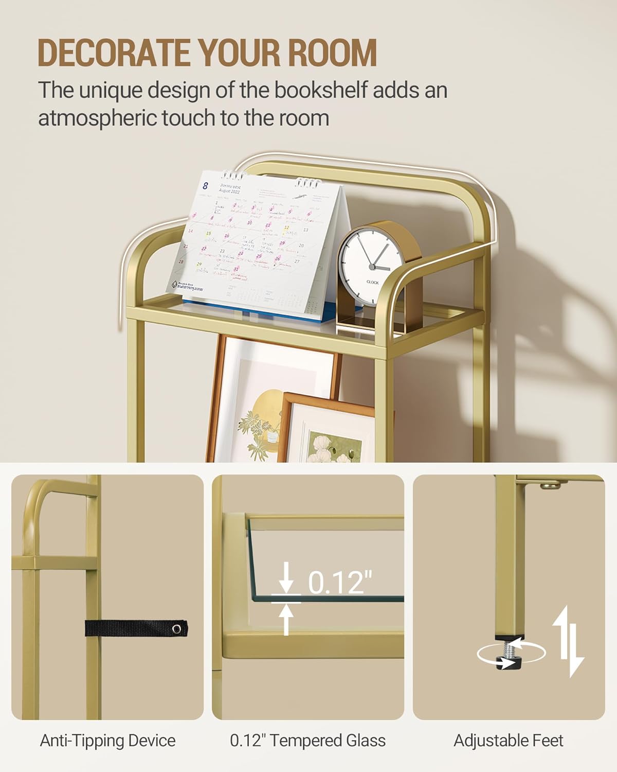 Bookshelf, Tall Narrow Bookcase with LED Lights, Tempered Glass Bookshelves with Steel Frame, Display Shelf, Slim Shelving Unit for Living Room, Bedroom, 9.6"D x 15.4"W x 66.5"H Gold BC34699G