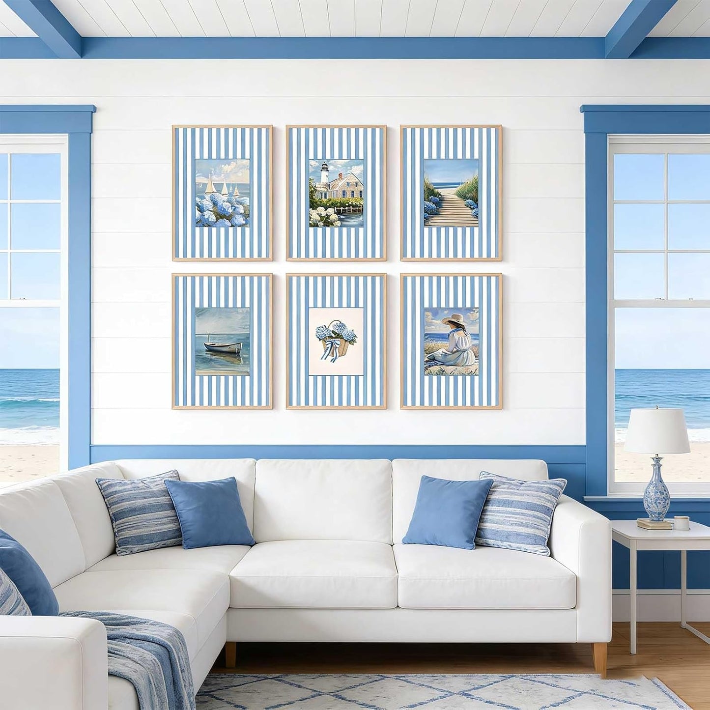 6Pcs Coastal Granddaughter Wall Art Prints Blue Stripe Hydrangea Beachy Wall Decor Pictures Summer Beach House Preppy Aesthetic Posters for Girly Bedroom Dorm Apartment Home Decoration (blue, 10"L x 8"W, Unframed)